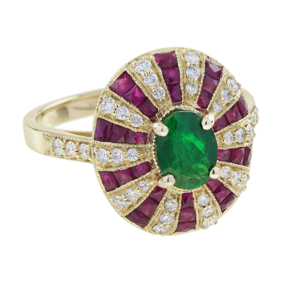 Green Emerald & Red Ruby Diamond Art Deco Style 18 Yellow Gold Ring