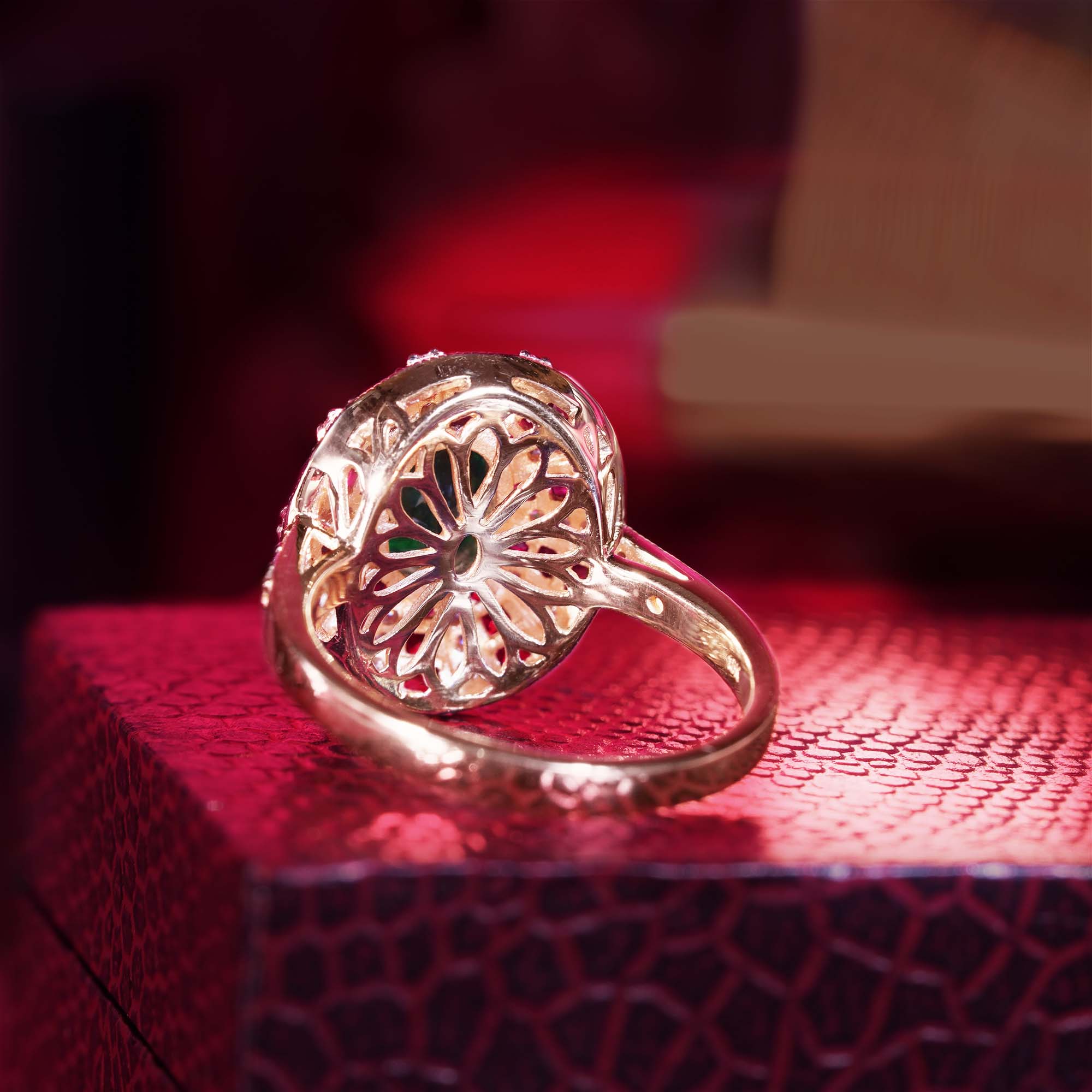 Green Emerald & Red Ruby Diamond Art Deco Style 18 Yellow Gold Ring