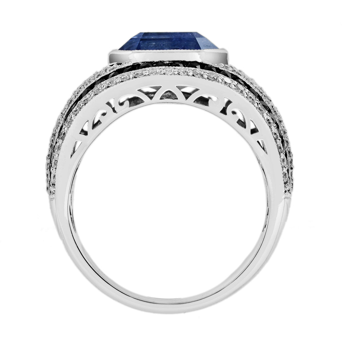 Octagon Shape Blue Sapphire & Black Onyx Diamond Art Deco Style Men Band Ring