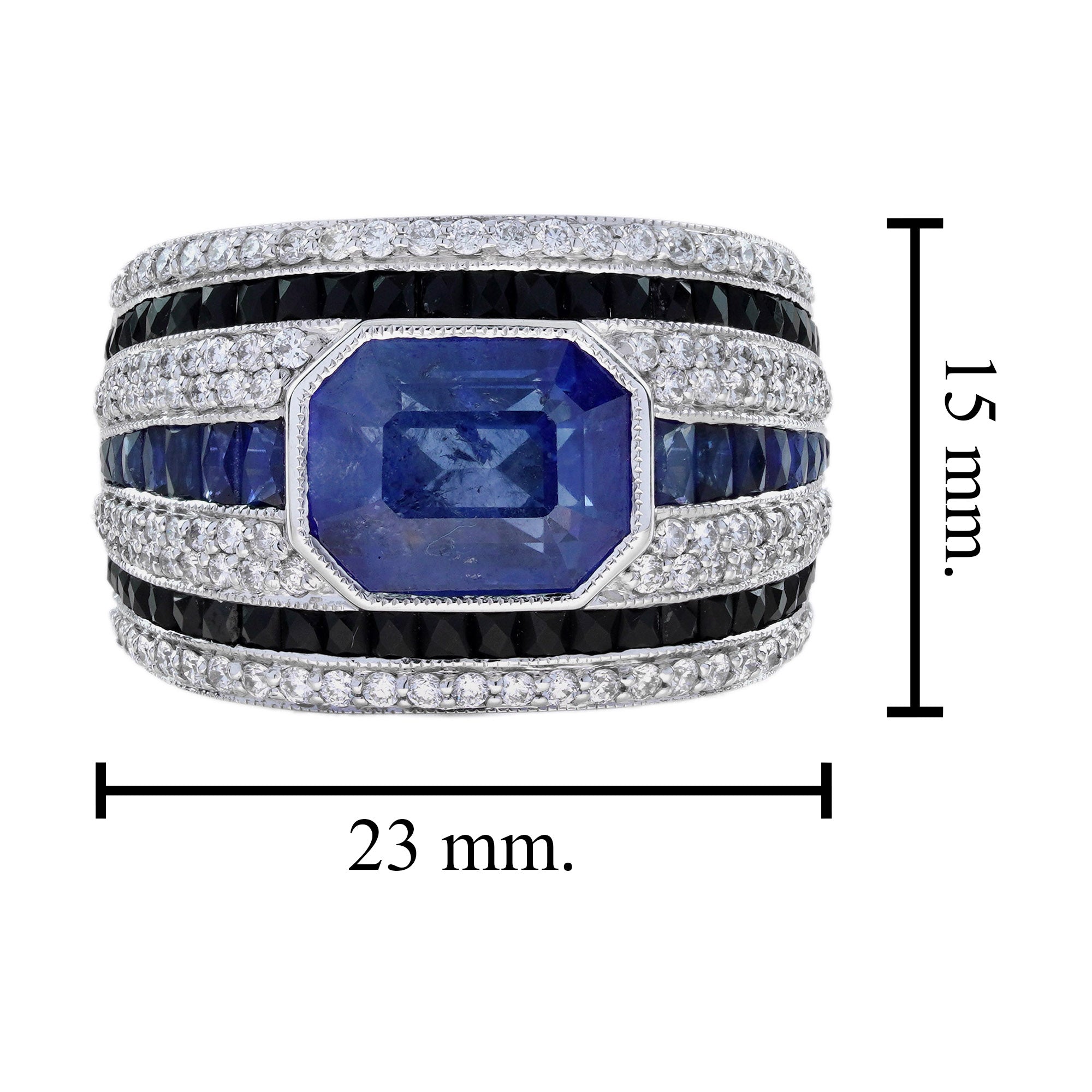 Octagon Shape Blue Sapphire & Black Onyx Diamond Art Deco Style Men Band Ring