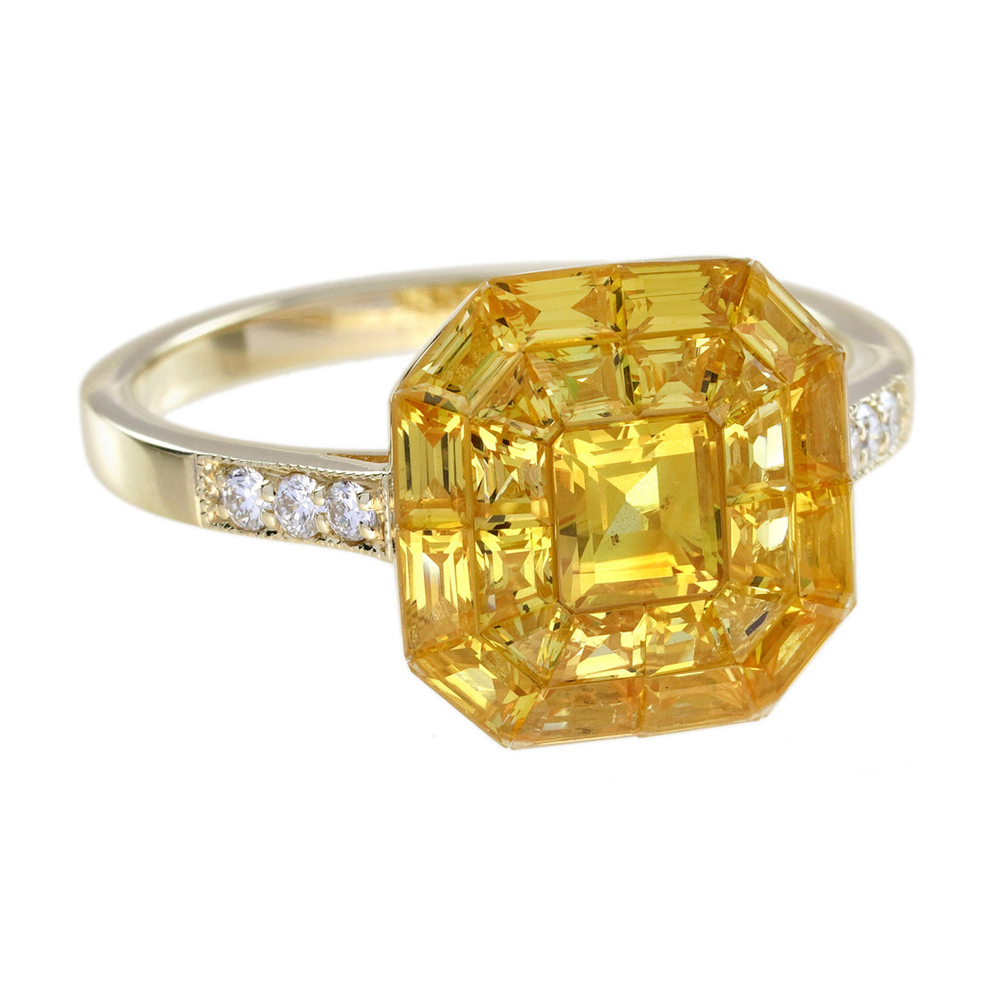 Invisible Set Yellow Sapphire Diamond Art Deco Style 14K Yellow Gold Ring
