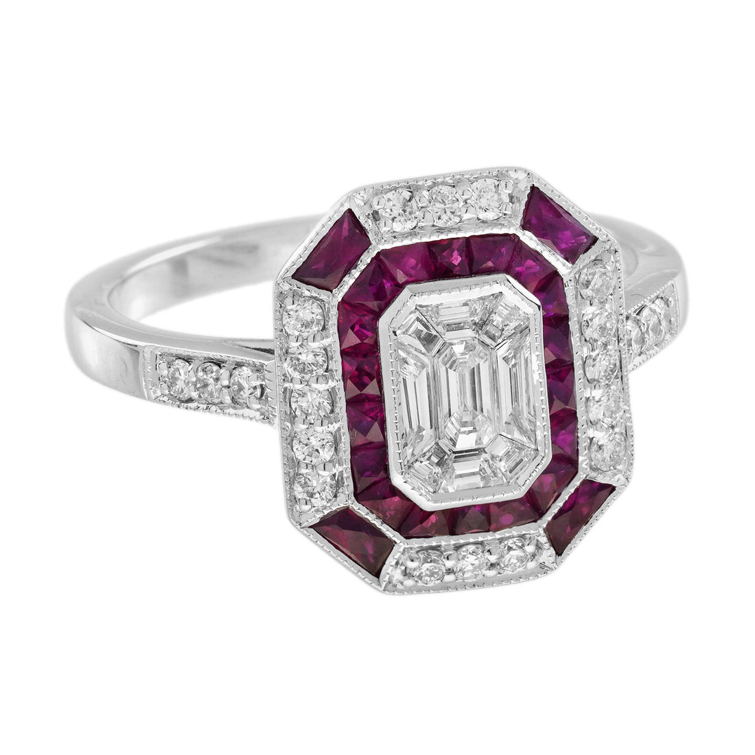 Diamond Illusion Set & Red Ruby Art Deco Style Statement 14K White Gold Ring