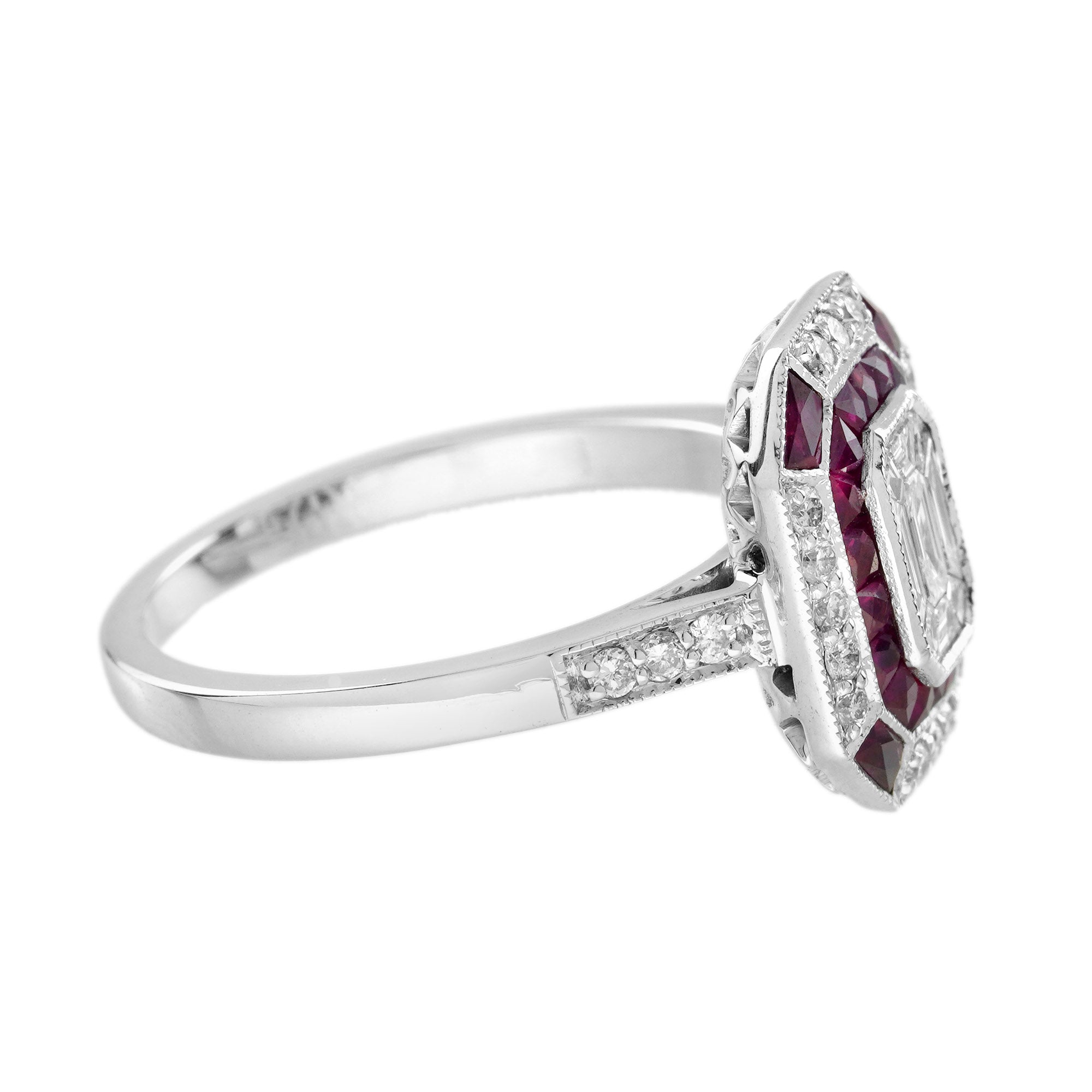 Diamond Illusion Set & Red Ruby Art Deco Style Statement 14K White Gold Ring