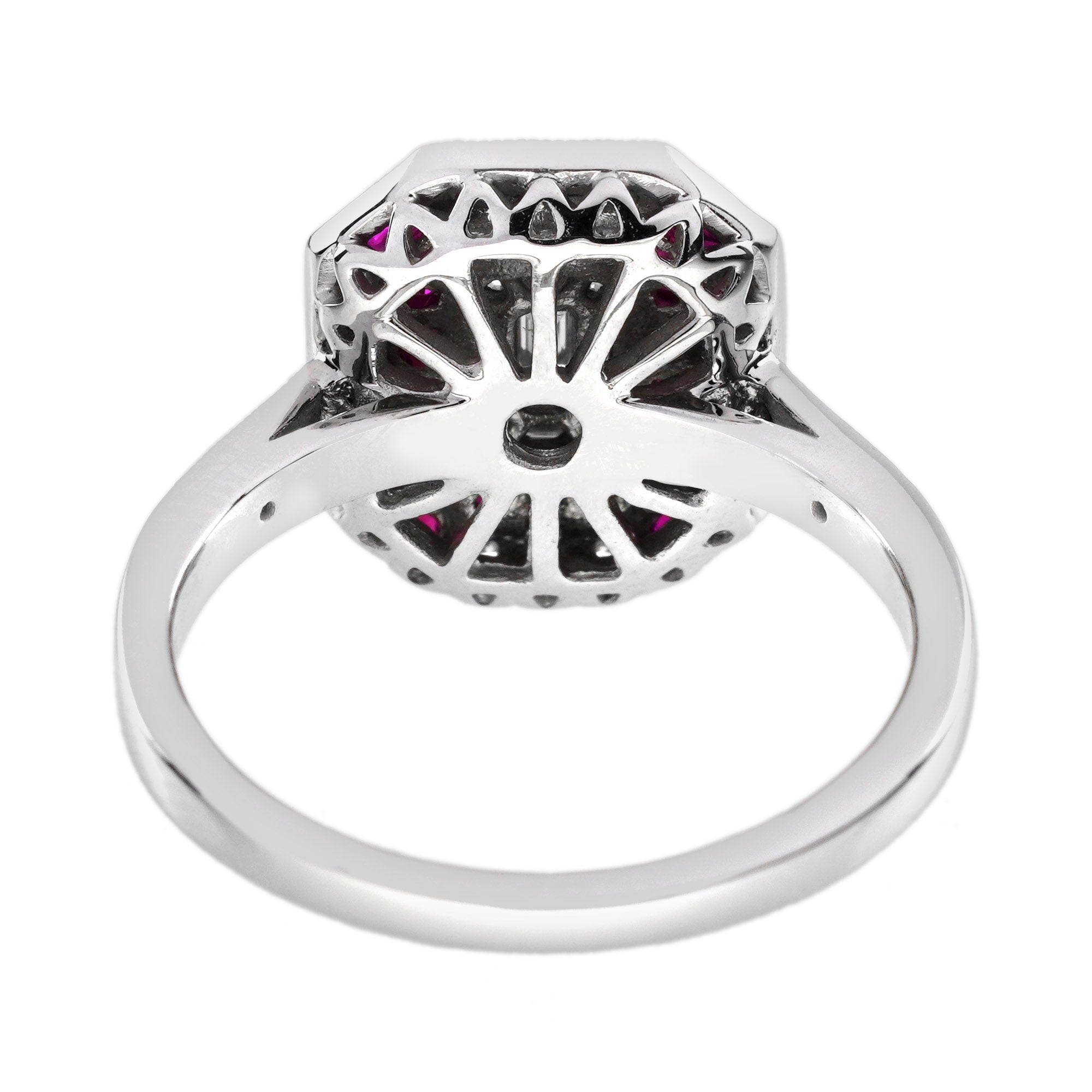Diamond Illusion Set & Red Ruby Art Deco Style Statement 14K White Gold Ring