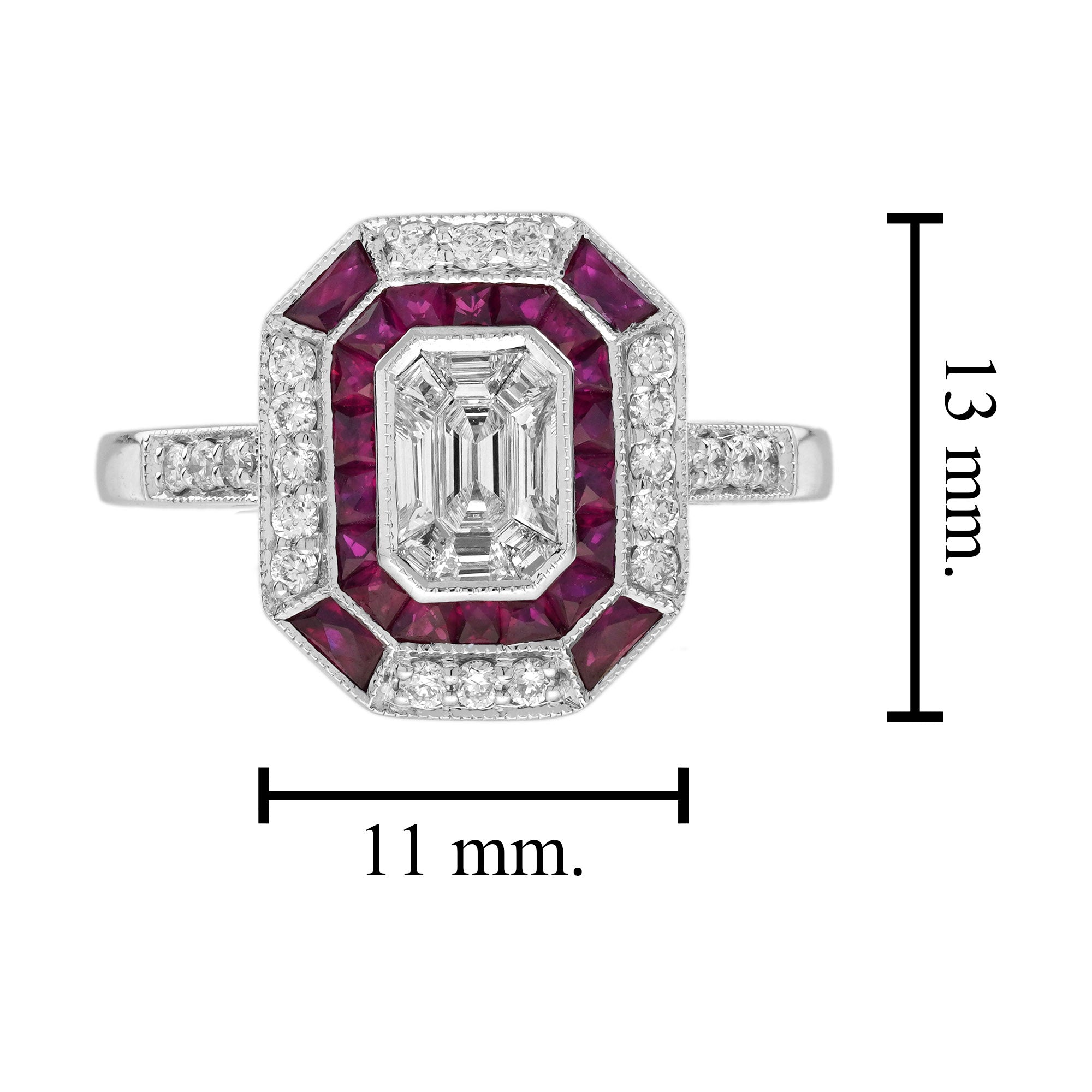 Diamond Illusion Set & Red Ruby Art Deco Style Statement 14K White Gold Ring