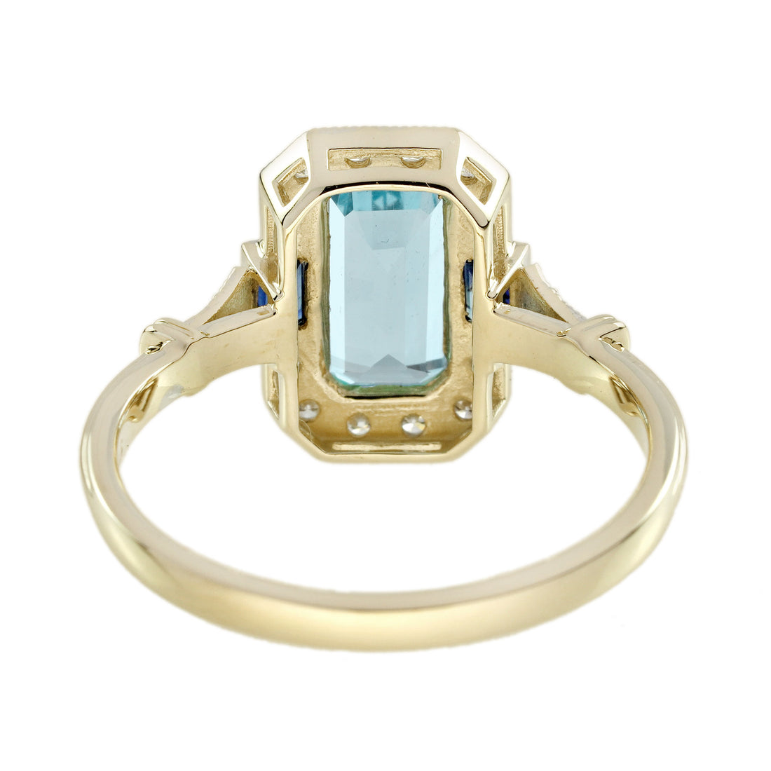 Elongated Octagon Blue Topaz & Sapphire Diamond Art Deco Style Gold Ring