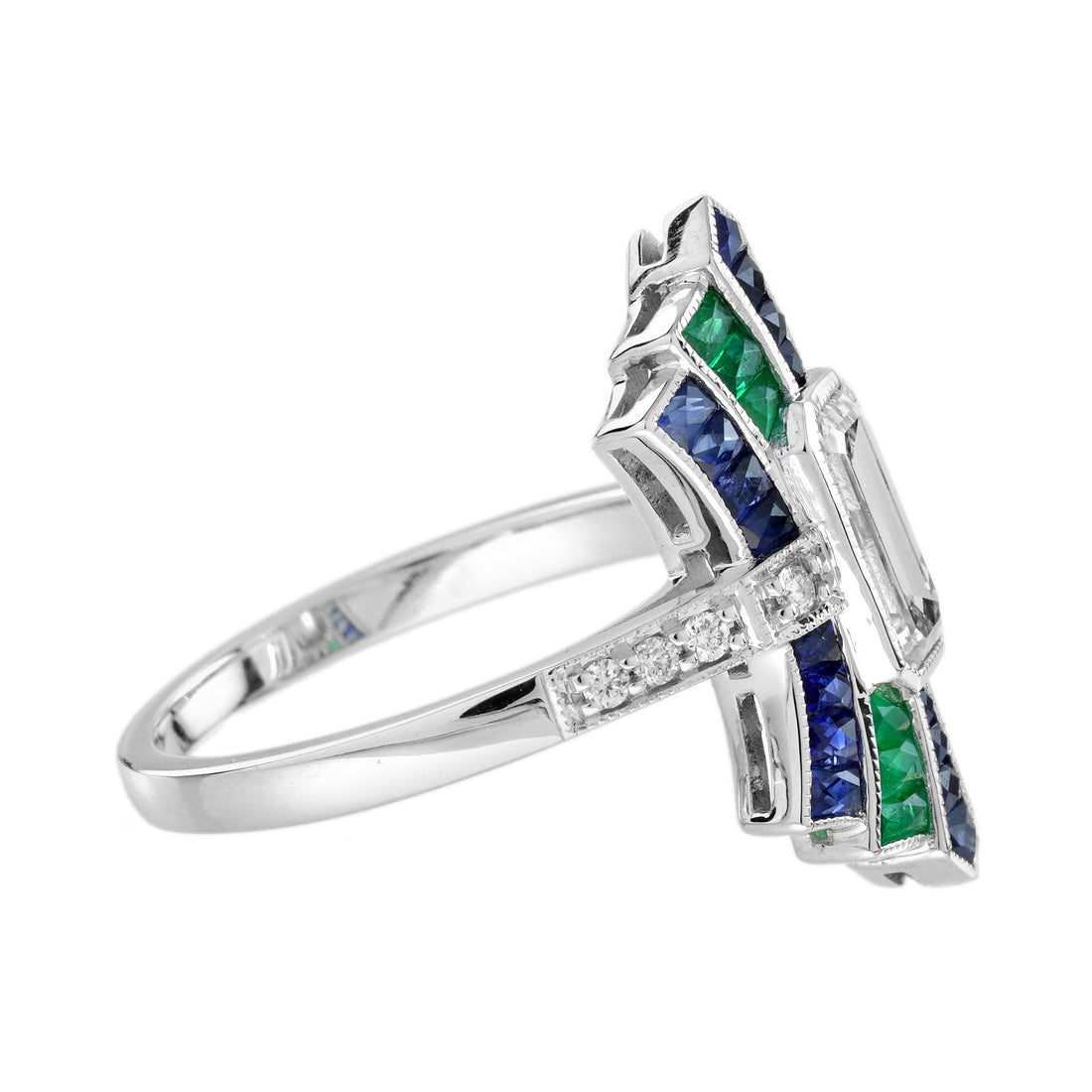 Diamond & Emerald Sapphire Vintage Inspired Art Deco Style White Gold Ring