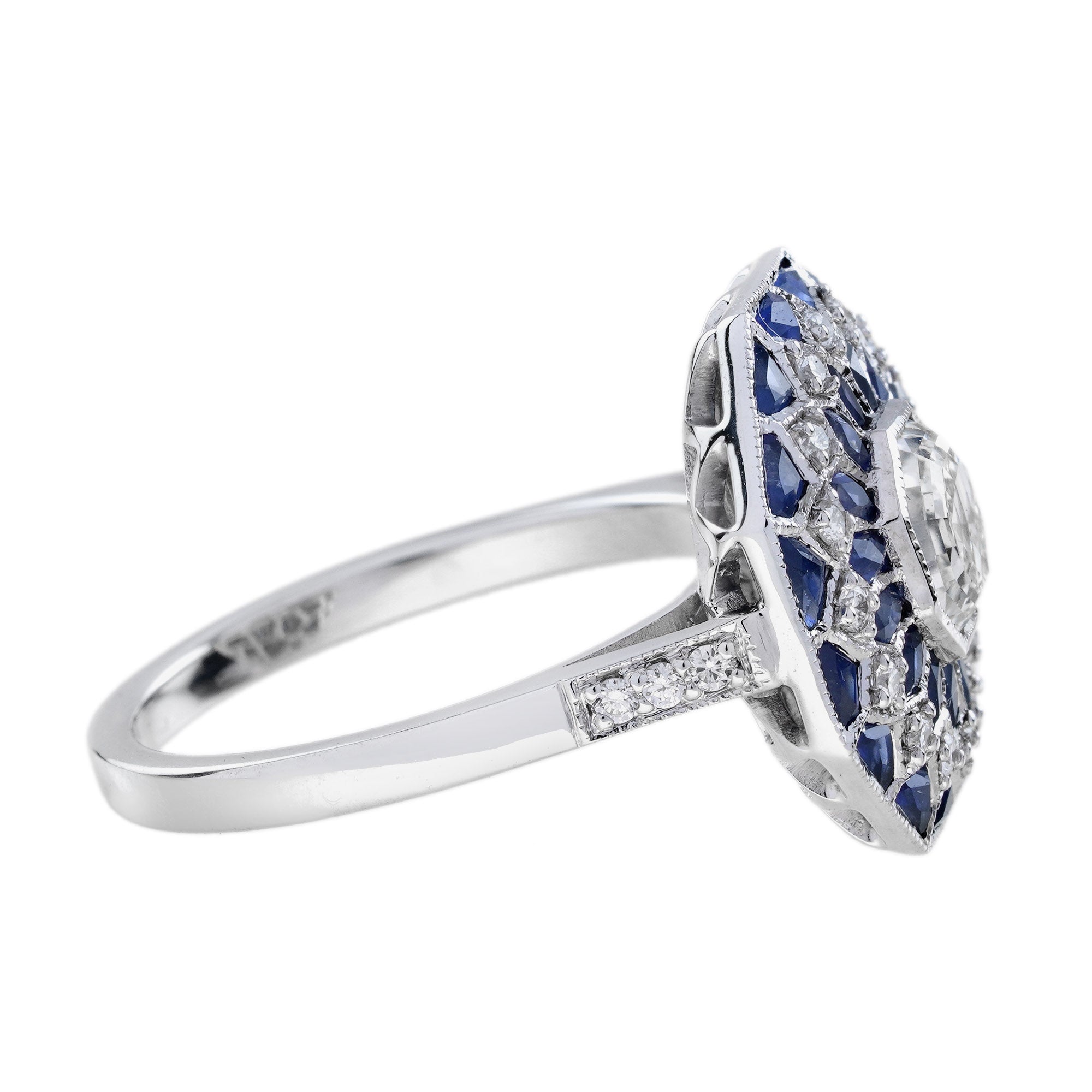Hexagon Diamond & Blue Sapphire Art Deco Style Mosaic Floral 18K White Gold Ring