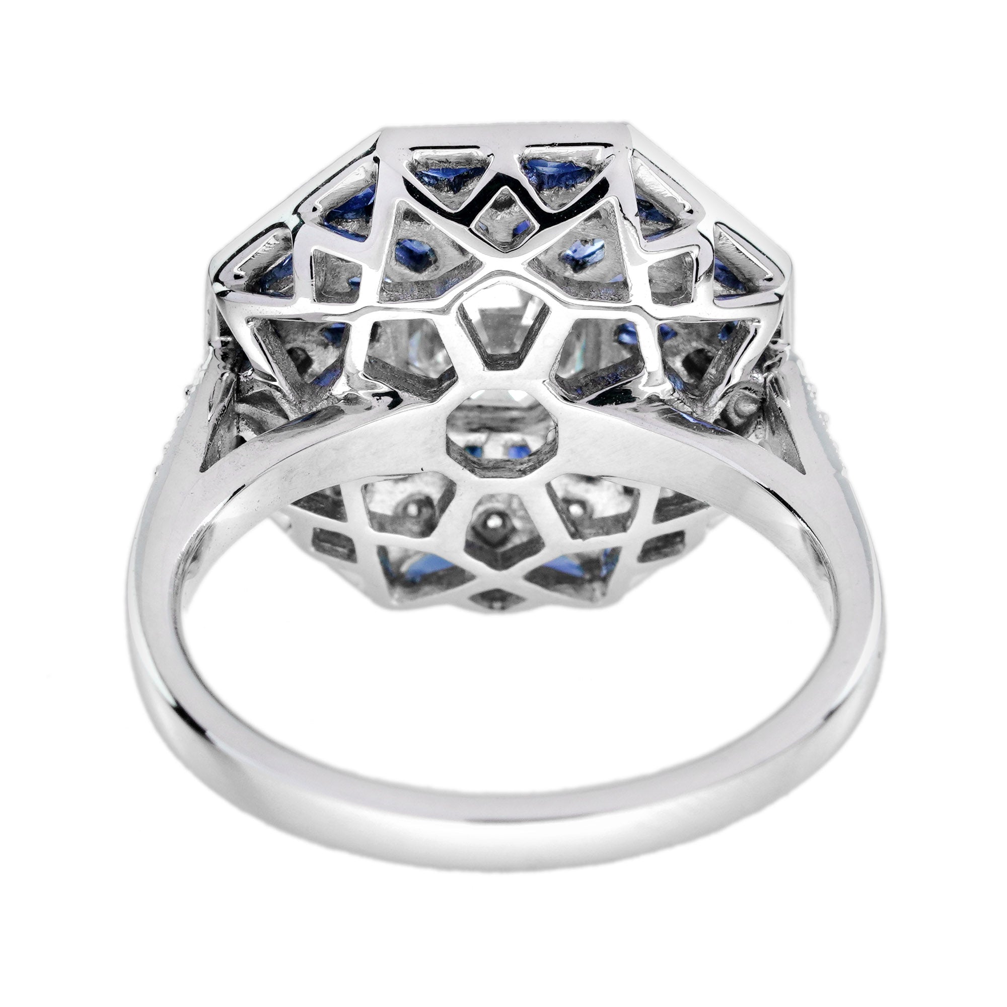 Hexagon Diamond & Blue Sapphire Art Deco Style Mosaic Floral 18K White Gold Ring