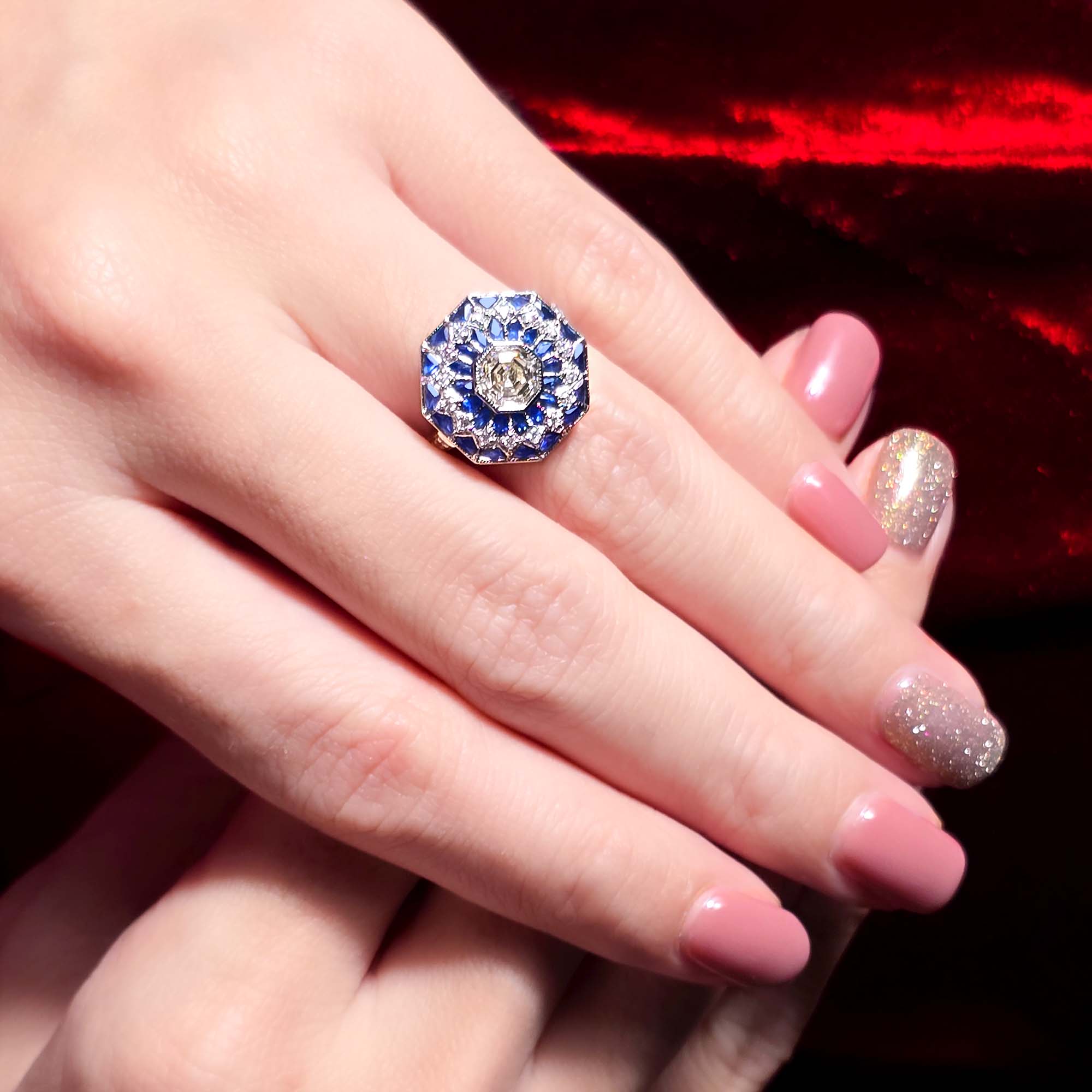 Hexagon Diamond & Blue Sapphire Art Deco Style Mosaic Floral 18K White Gold Ring