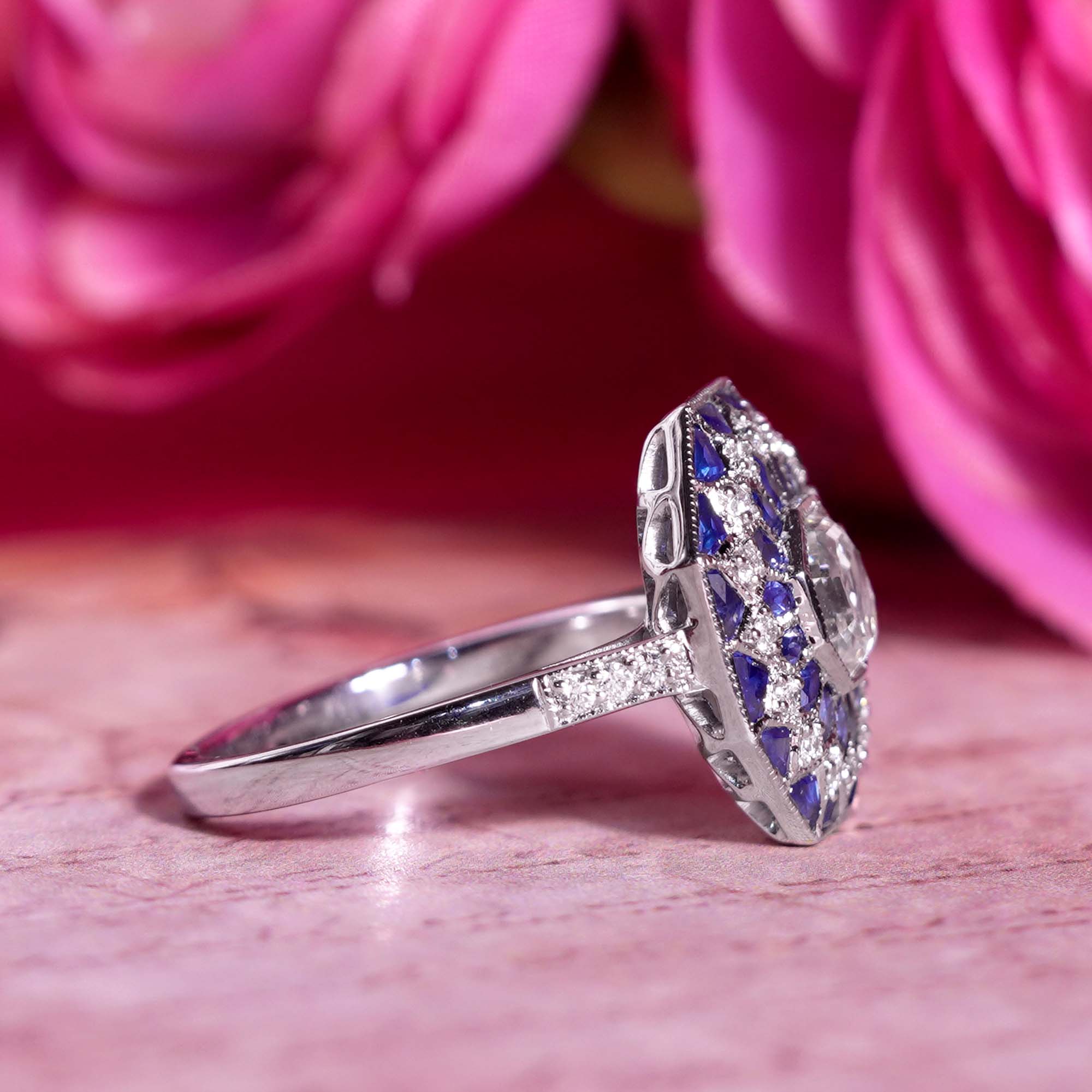 Hexagon Diamond & Blue Sapphire Art Deco Style Mosaic Floral 18K White Gold Ring