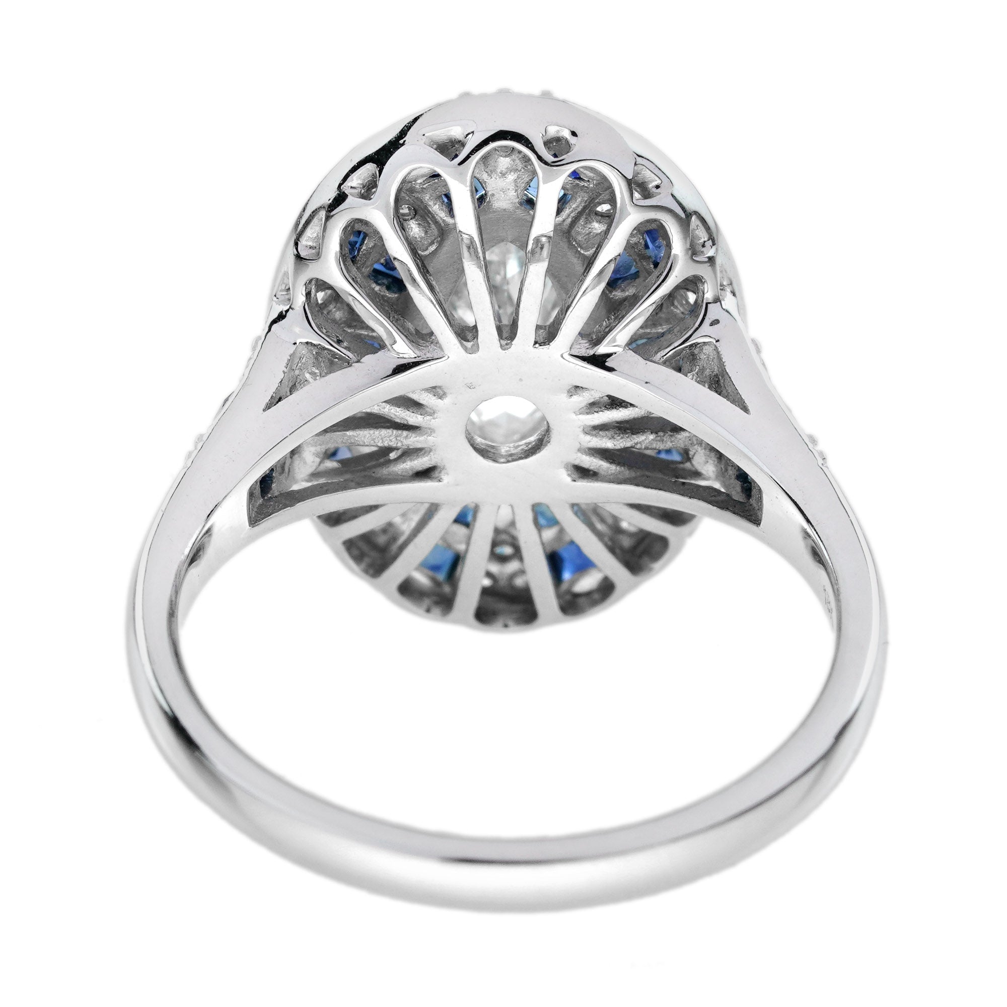 Marquise Shape Diamond & Blue Sapphire Art Deco Style 18K White Gold Shield Ring