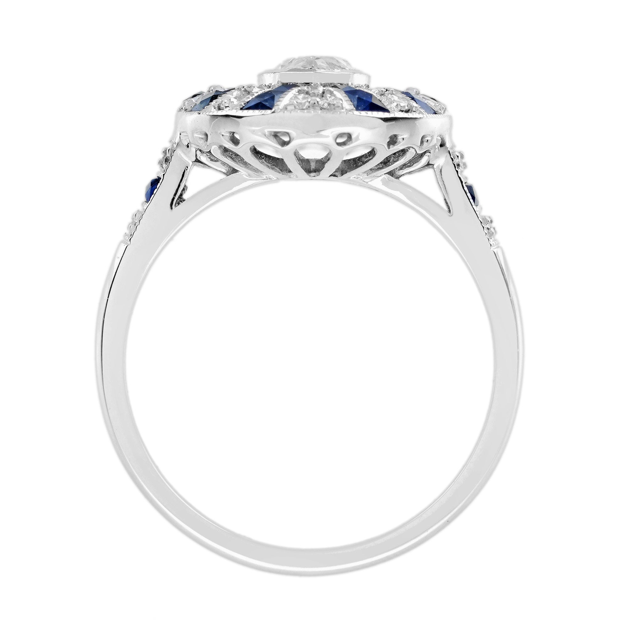 Marquise Shape Diamond & Blue Sapphire Art Deco Style 18K White Gold Shield Ring