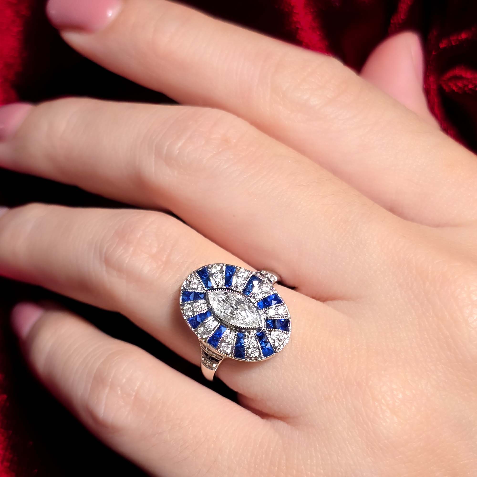 Marquise Shape Diamond & Blue Sapphire Art Deco Style 18K White Gold Shield Ring