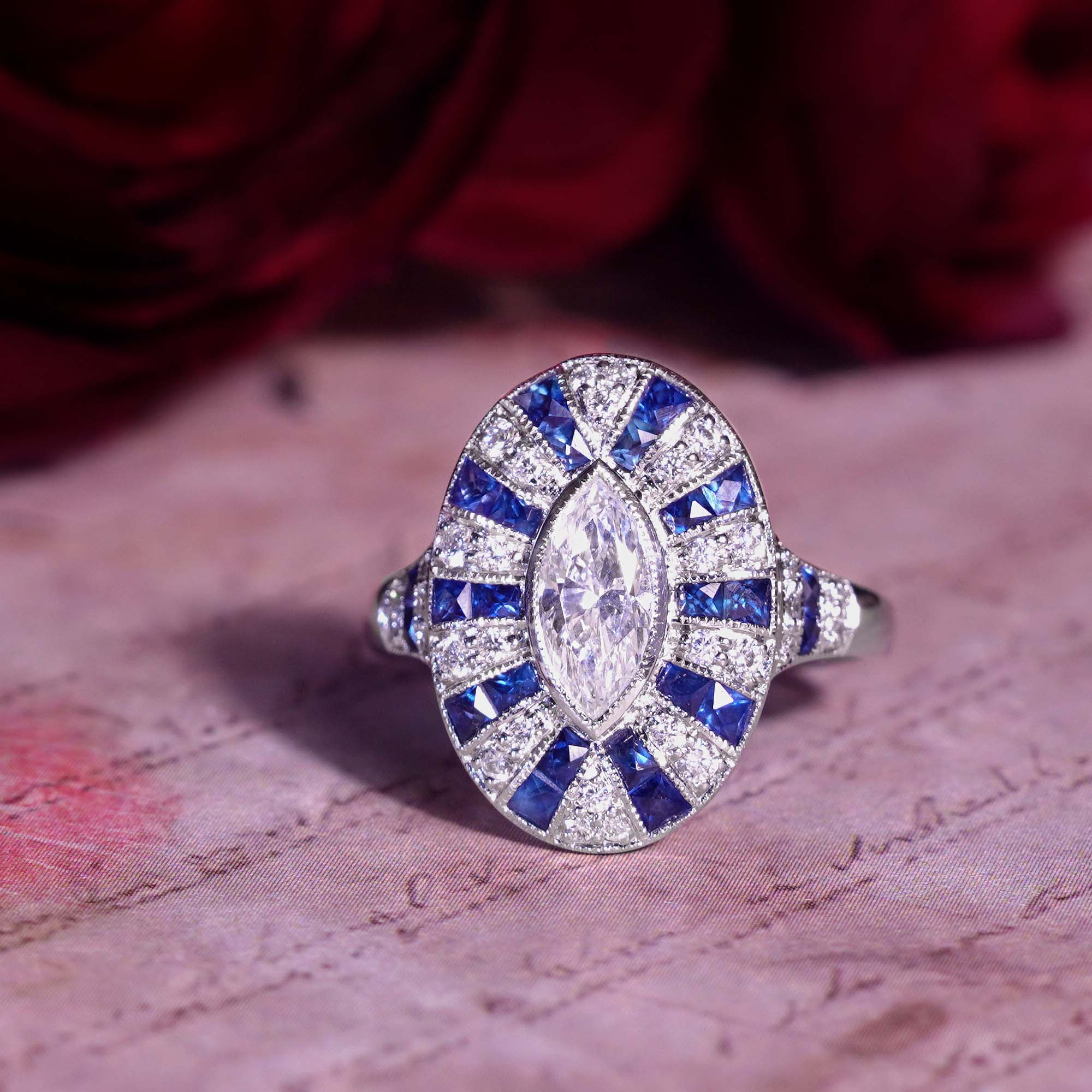 Marquise Shape Diamond & Blue Sapphire Art Deco Style 18K White Gold Shield Ring