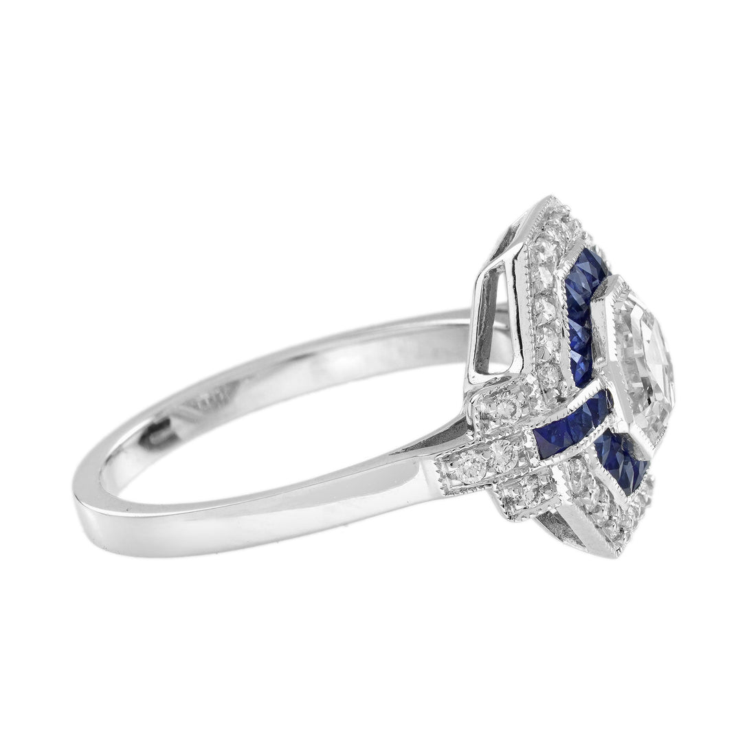 Hexagon Step Cut Diamond French Cut Blue Sapphire Art Deco Style Halo Gold Ring