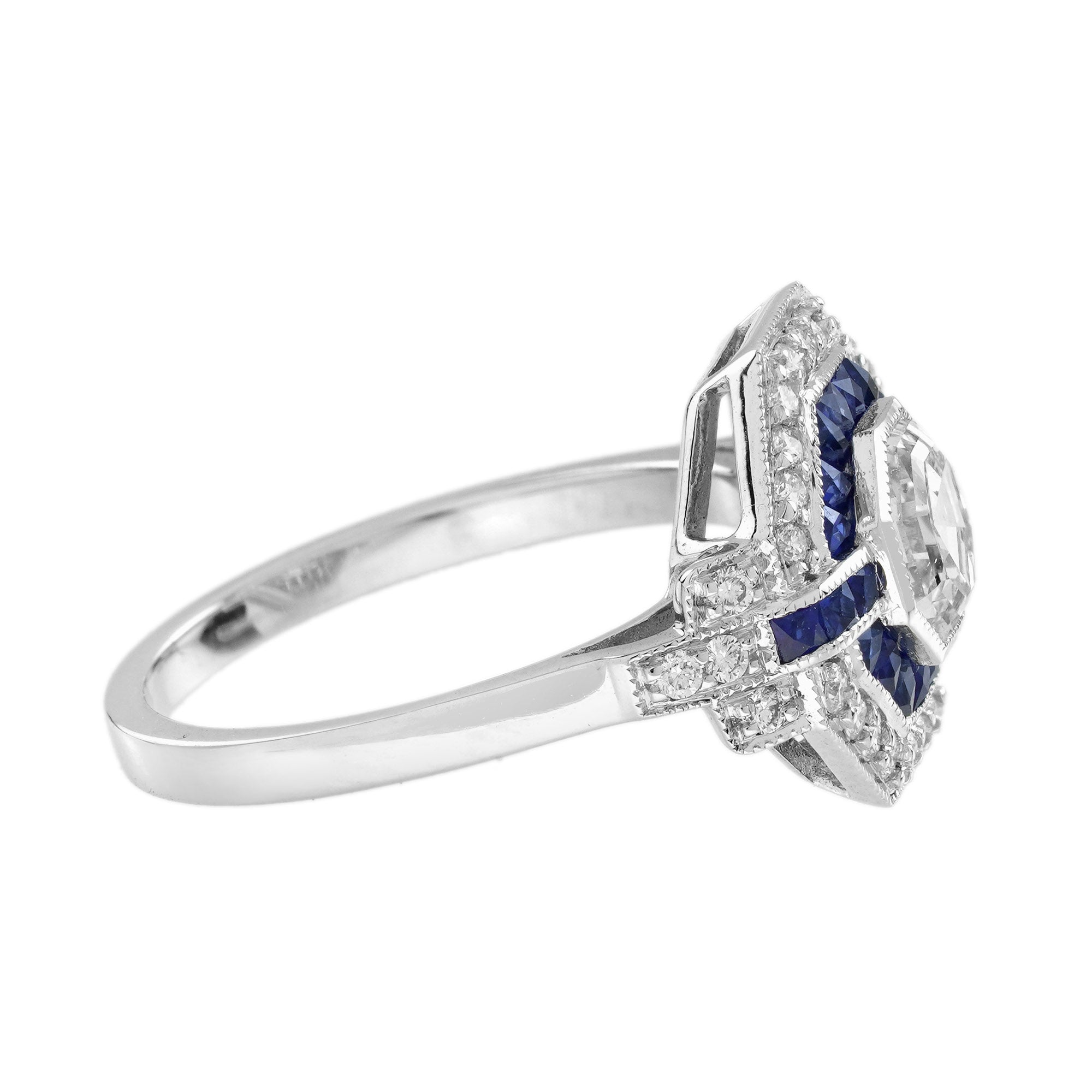 Hexagon Step Cut Diamond French Cut Blue Sapphire Art Deco Style Halo Gold Ring