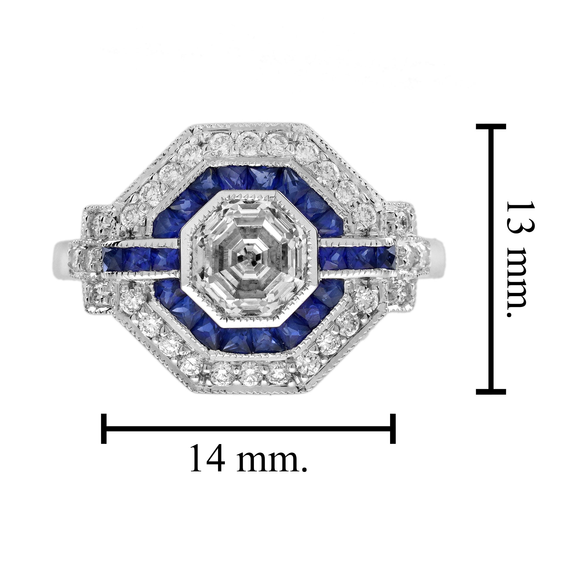 Hexagon Step Cut Diamond French Cut Blue Sapphire Art Deco Style Halo Gold Ring
