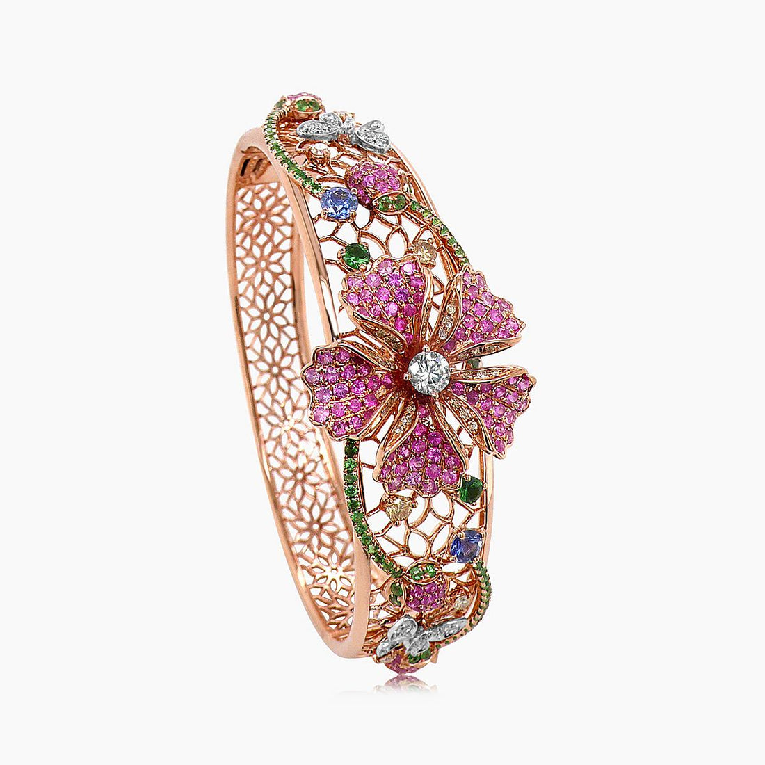 Pink Sapphire & Ruby & White Diamond Floral Butterfly Rose Gold Bangle Bracelet