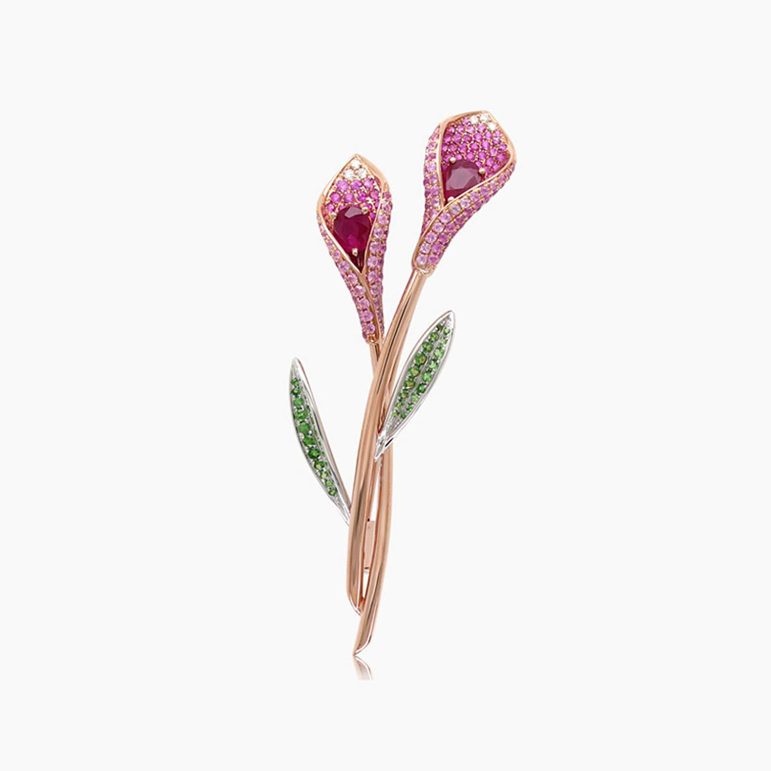 Ruby & Pink Sapphire & Green Garnet & Diamond Flower 18K Rose Gold Pin Brooch