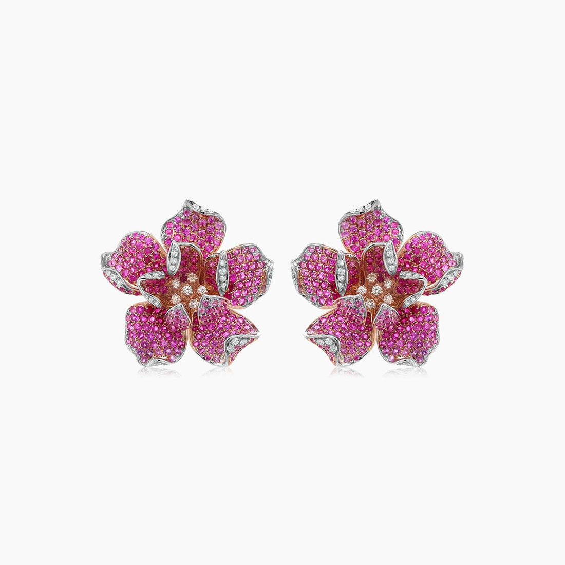 Pink Sapphire Ruby & Fancy & White Diamond Lilly Flower 18K Rose Gold Earrings
