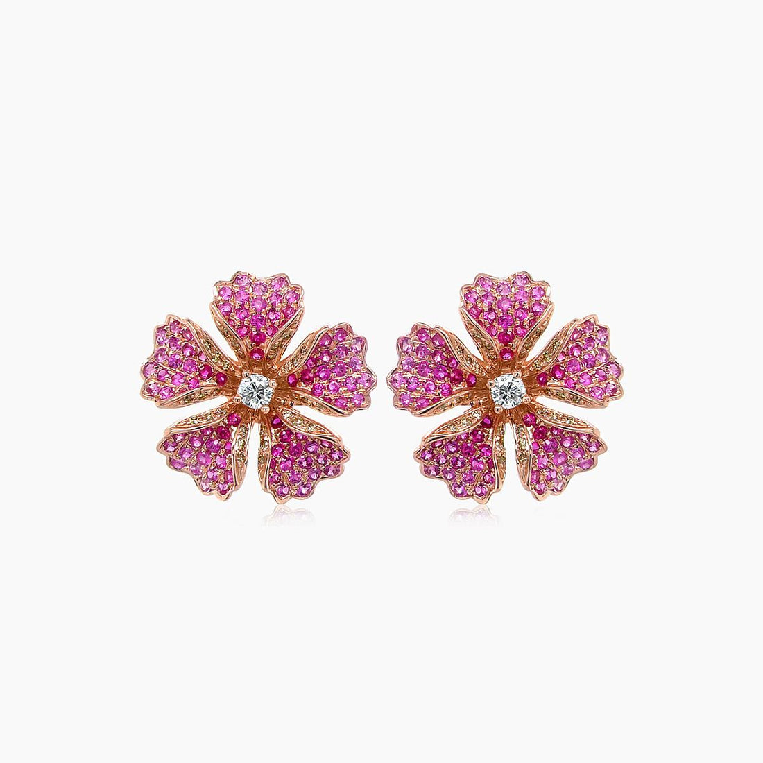 Pink Sapphire Ruby & Fancy Diamond 18K Rose Gold Floral Design Earrings