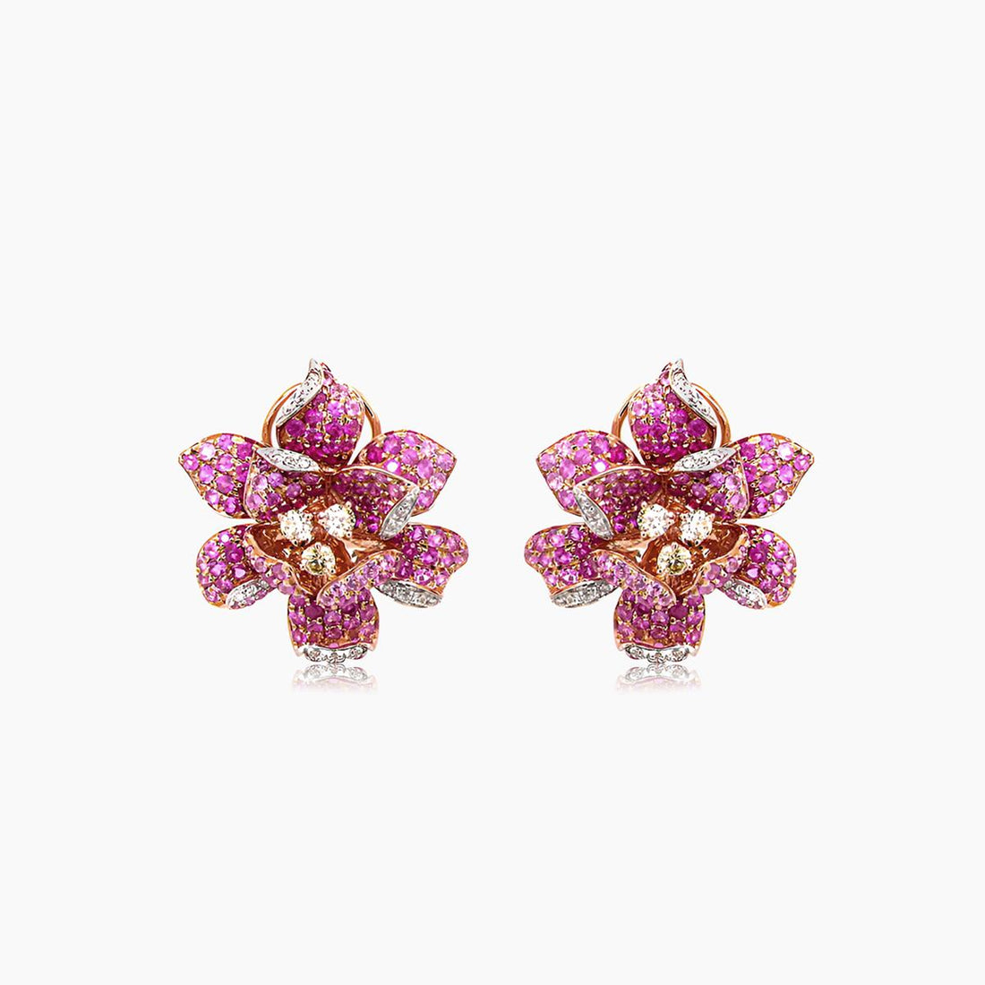 Pink Sapphire & White & Fancy Diamond Lilly Flower 18K Rose Gold Flower Earrings