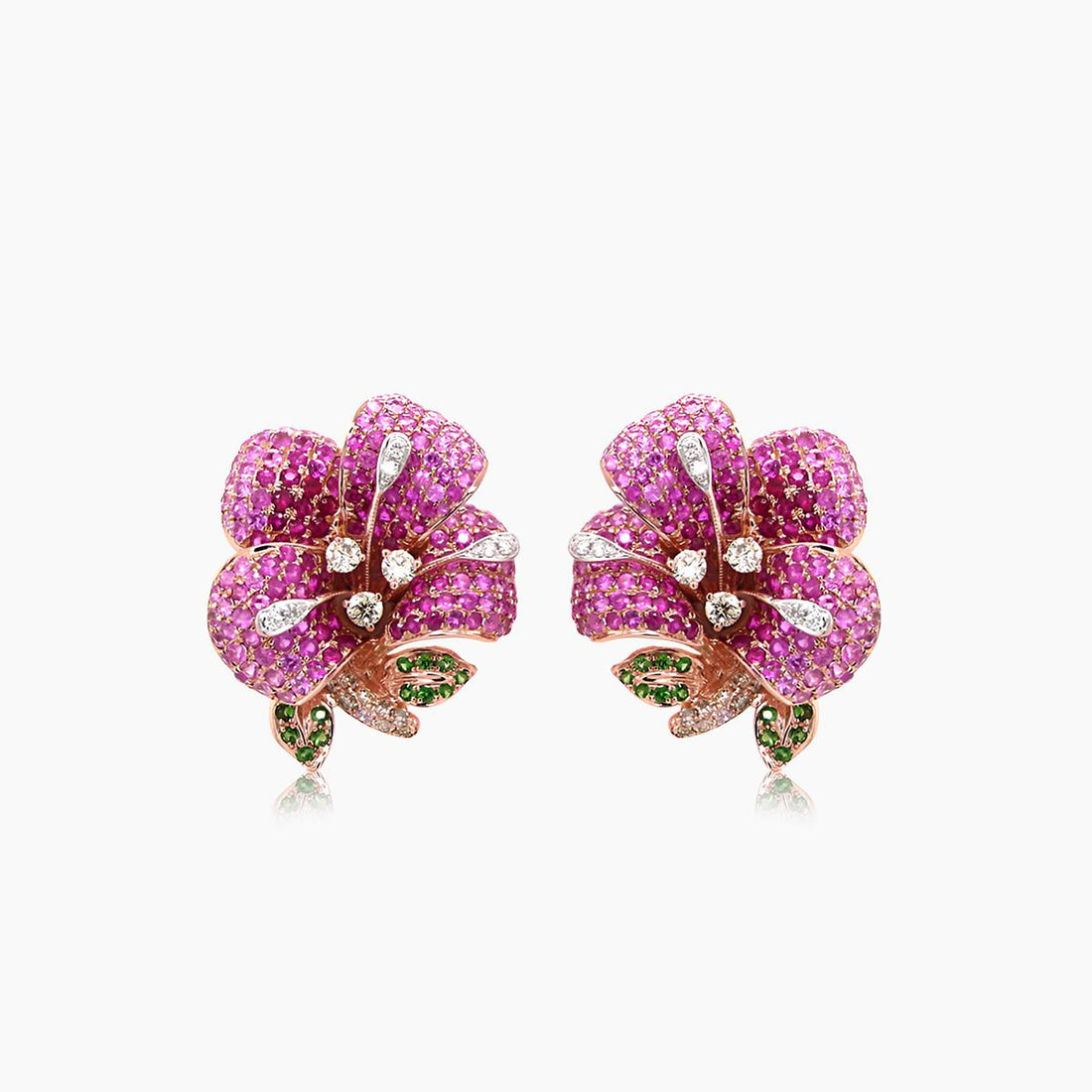 Pink Sapphire Ruby Multi-Gemstone Lilly Flower 18K Rose Gold Earrings