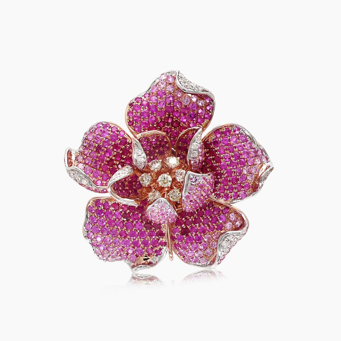 Pink Sapphire Ruby & Diamond Lilly Flower 18K Rose Gold Floral Design Ring