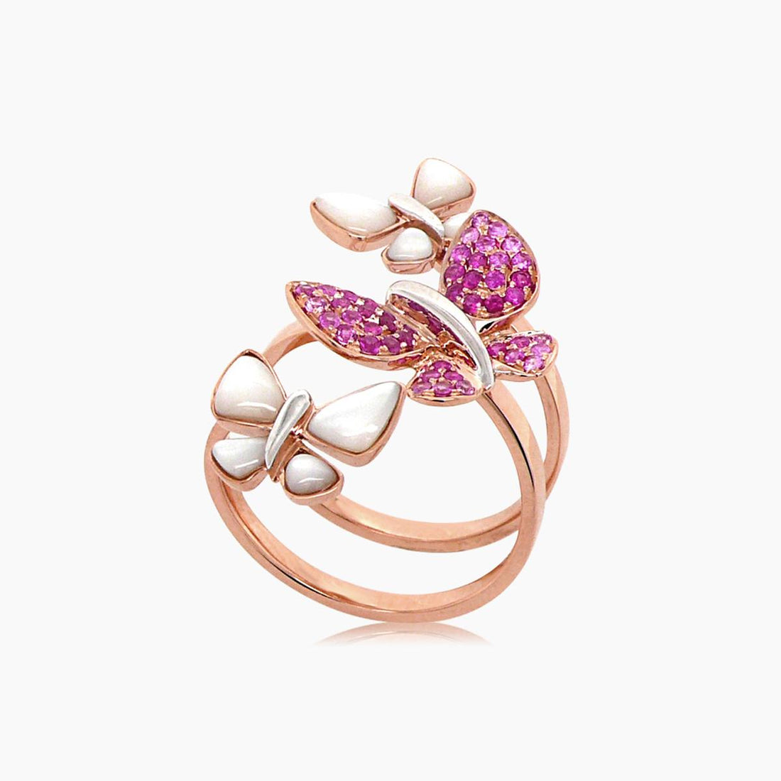 Pink Sapphire & White Pearl Pave Butterfly Sweet 18K Rose Gold Animal Ring