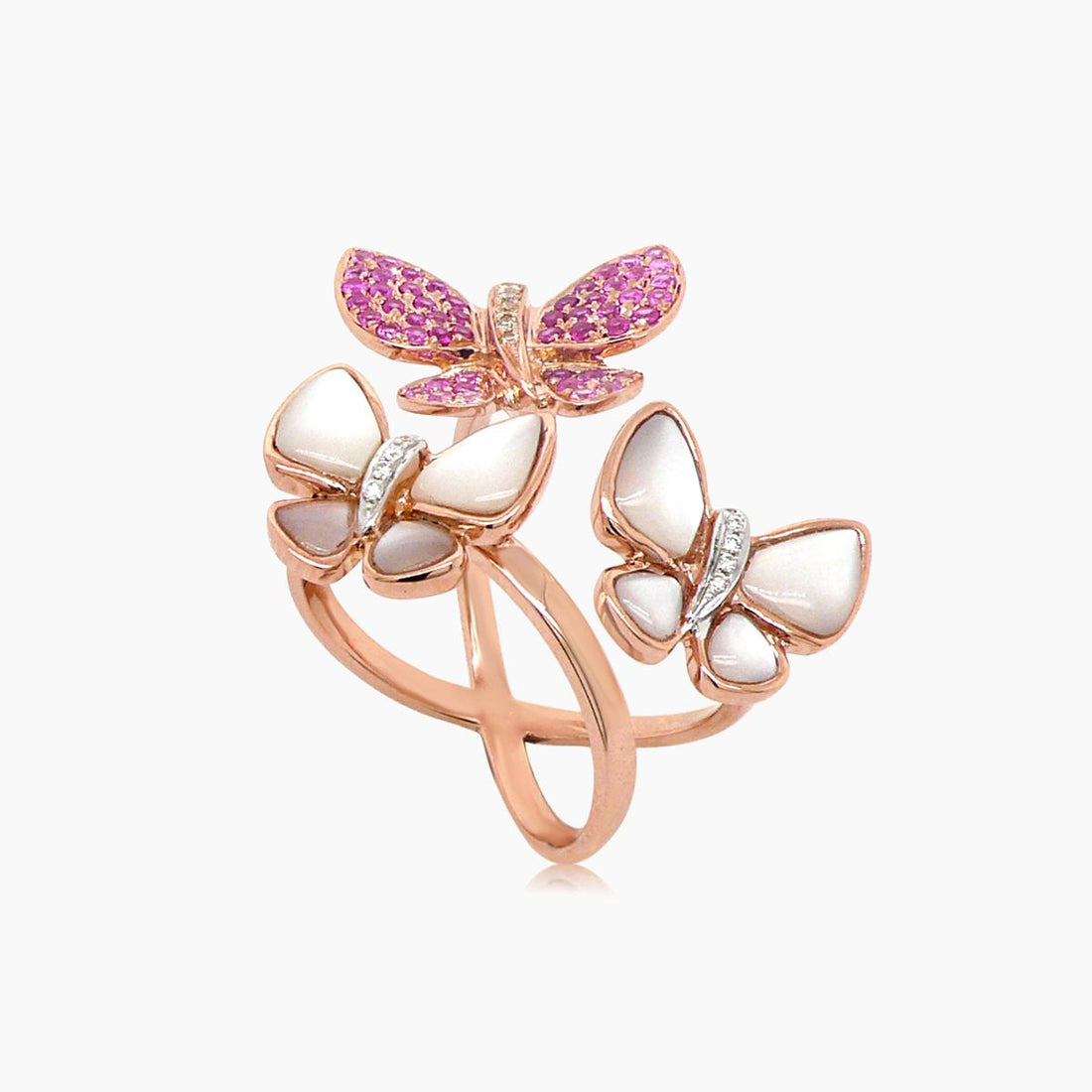 Pink Sapphire & Diamonds Pearl Pave Butterfly Sweet 18K Rose Gold Animal Ring