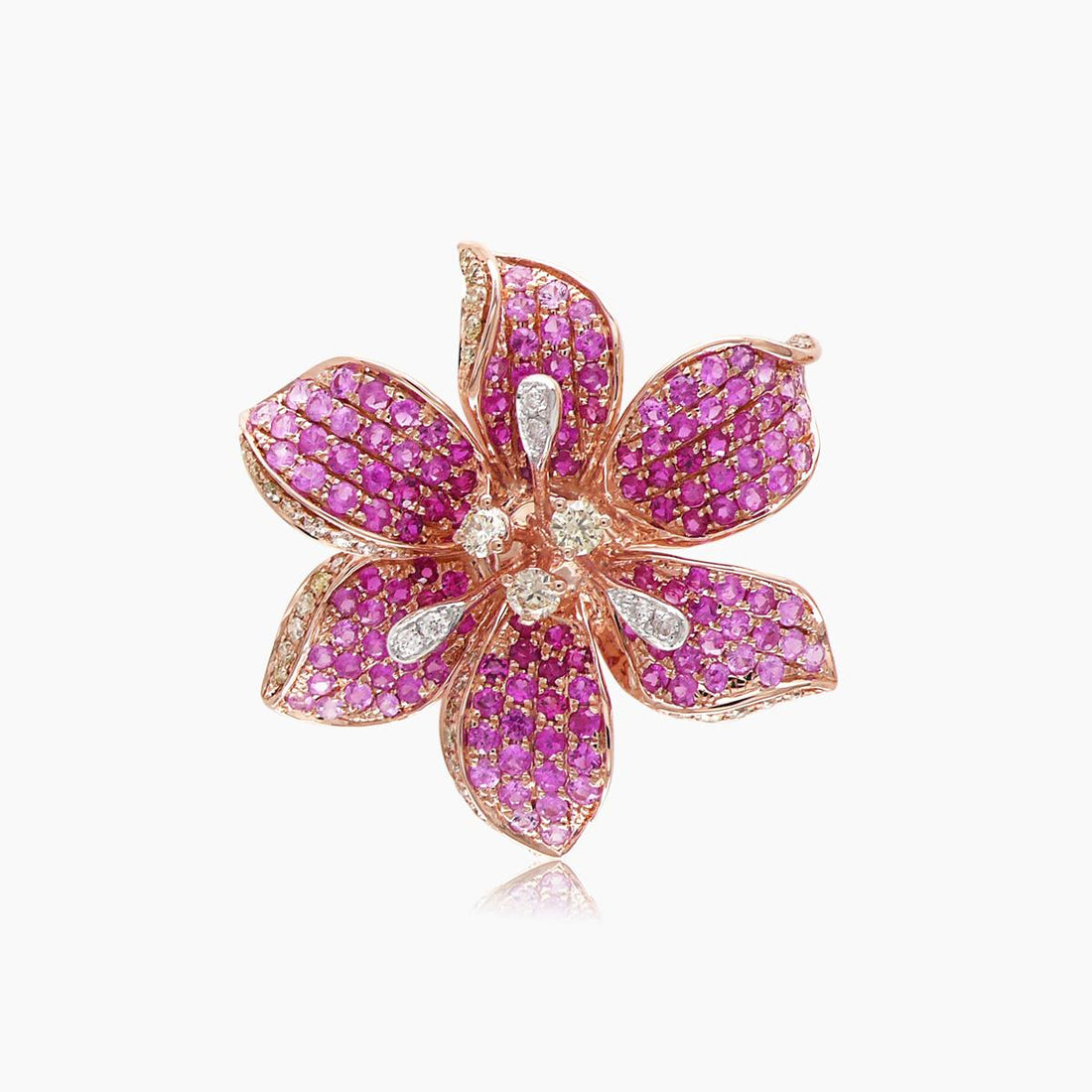 Pink Sapphire Ruby & Diamond Lilly Flower 18K Rose Gold Floral Design Ring