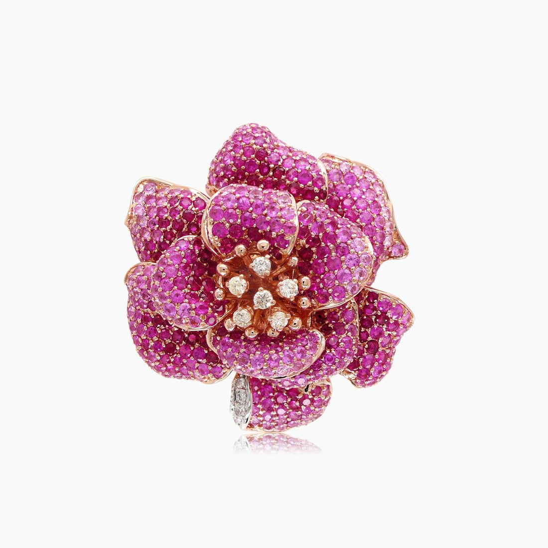 Pink Sapphire Ruby & Diamond Lilly Flower 18K Rose Gold Floral Design Ring