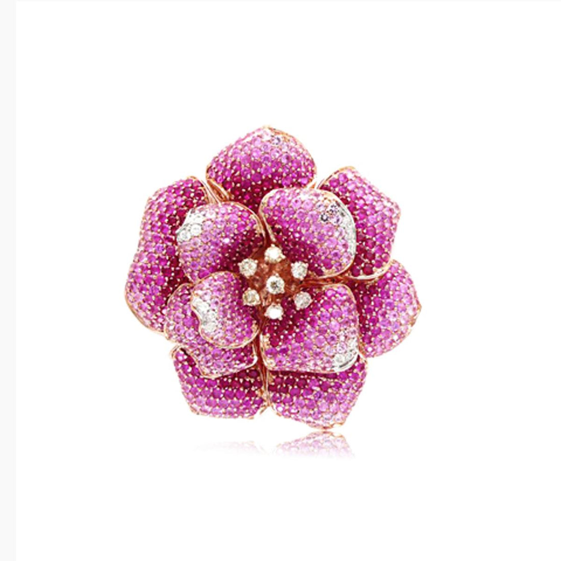 Pink Sapphire Ruby & Diamond Lilly Flower 18K Rose Gold Floral Design Ring