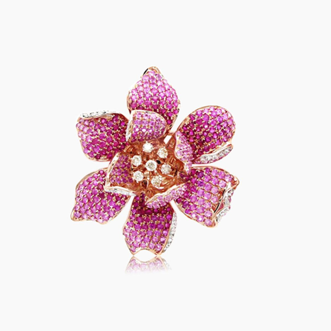 Ruby Pink Sapphire & Diamond Lilly Flower 18K Rose Gold Floral Design Ring