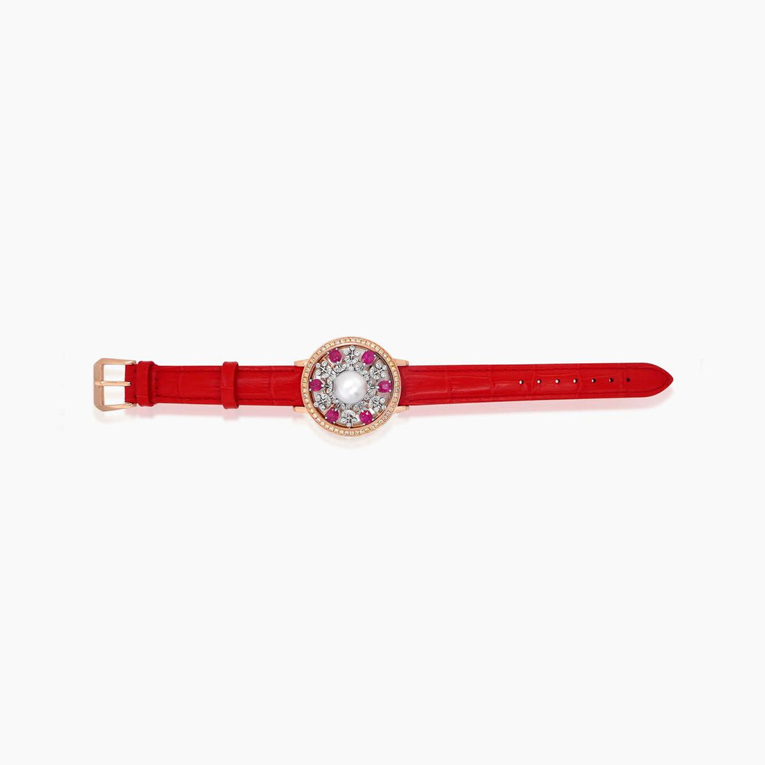 White Shell Pearl Fancy Diamond Ruby White Diamond 18K Rose Watch Dial Bracelet