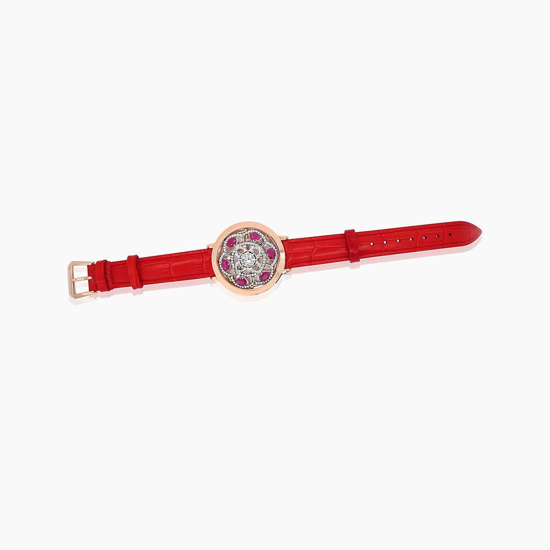 White Shell Ruby & Diamond 18K Rose Gold Watch Dial Leather Bracelet