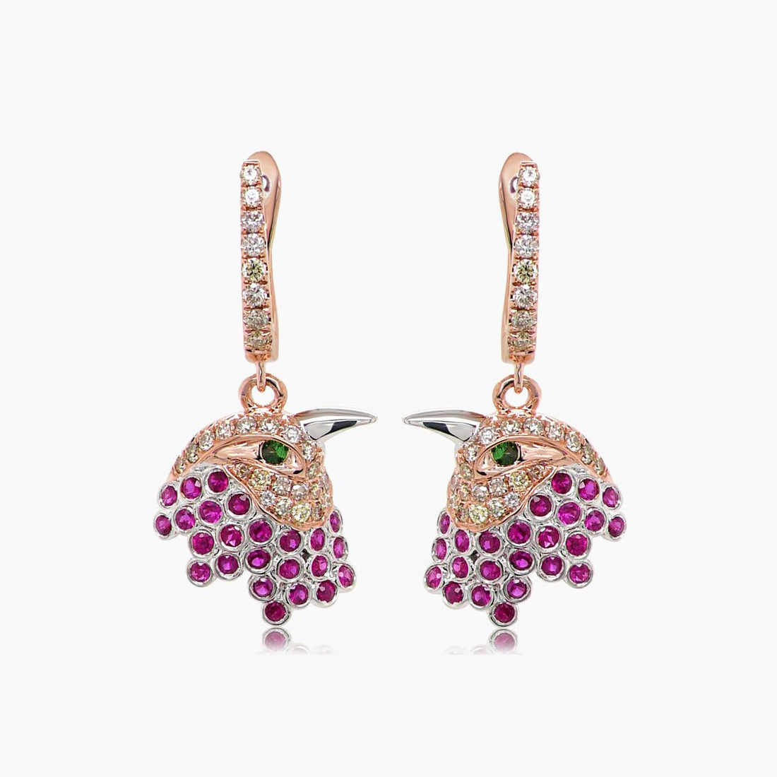 Eagle Bird Diamonds Pave & Ruby & Green Garnet 18K Rose Gold Earrings