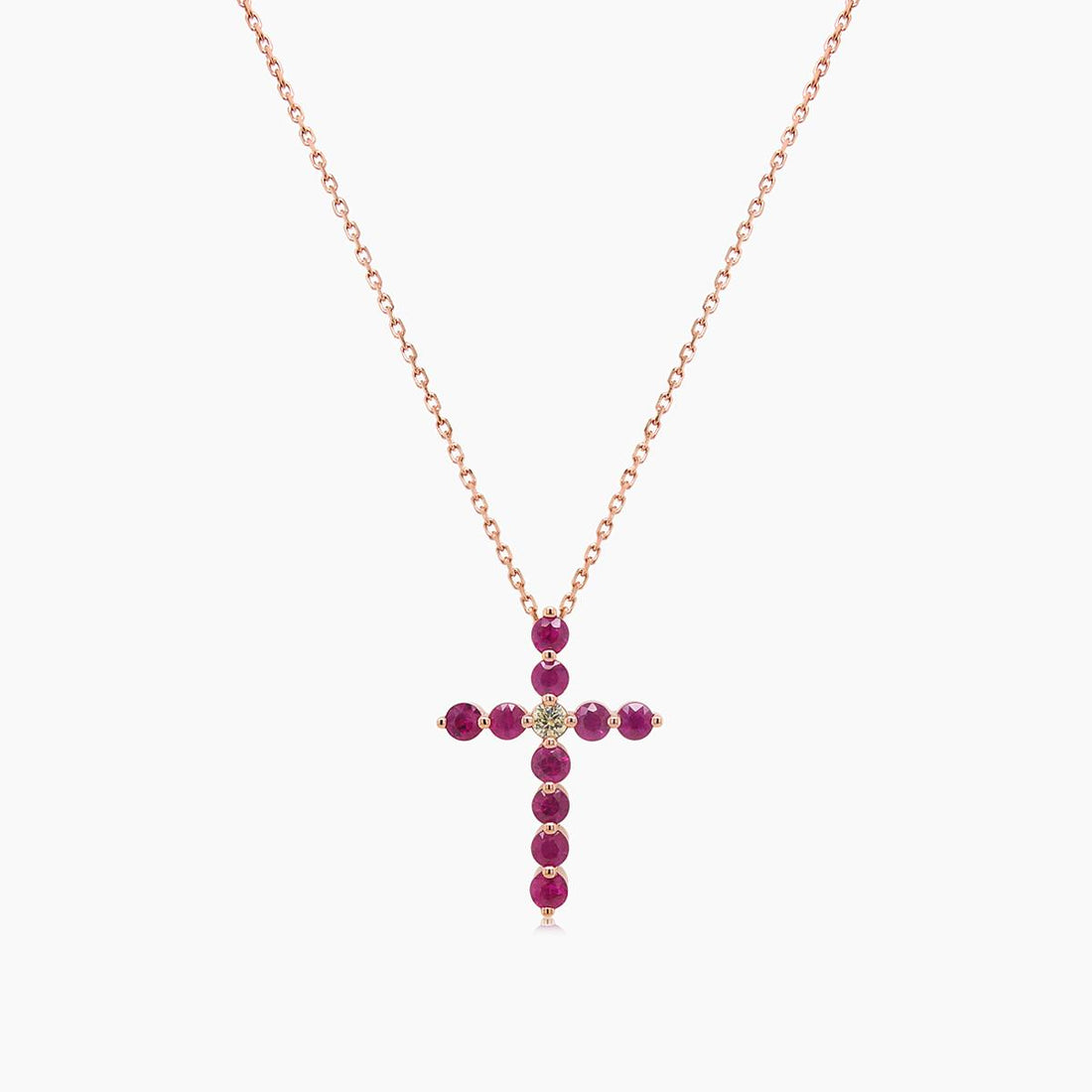 Red Ruby & Fancy Diamond 18K Rose Gold Cross Pendant Necklace
