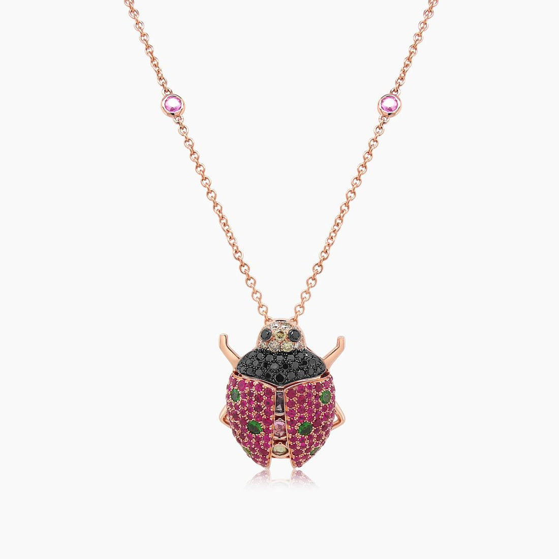 Ladybug Bug Pink Sapphire & Diamond Pave & Green 18K Rose Gold Pendant Necklace