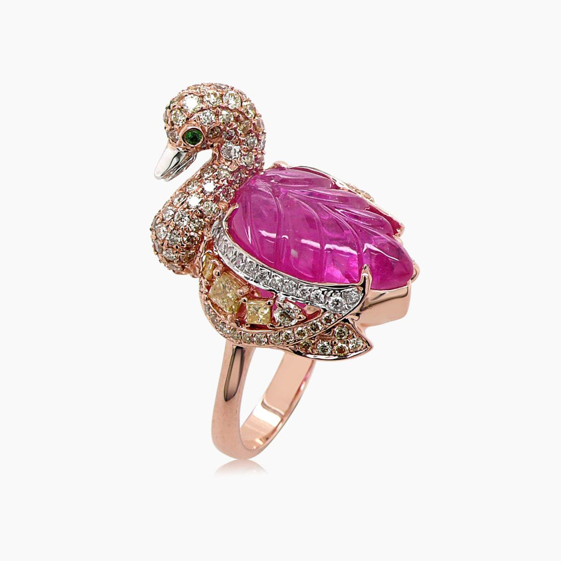 Duck Goose Swan Diamond Pave & Ruby 18K Rose & White Gold Animal Ring