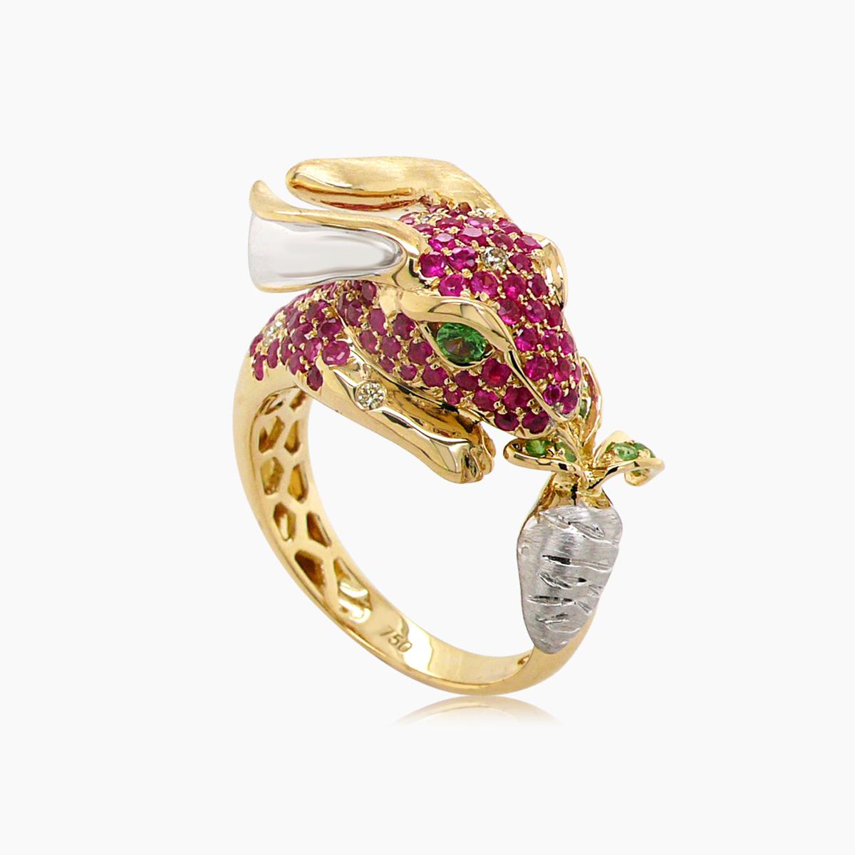 Rabbit Bunny Ruby Fancy Diamond & Garnet 18K Yellow Gold Animal Ring