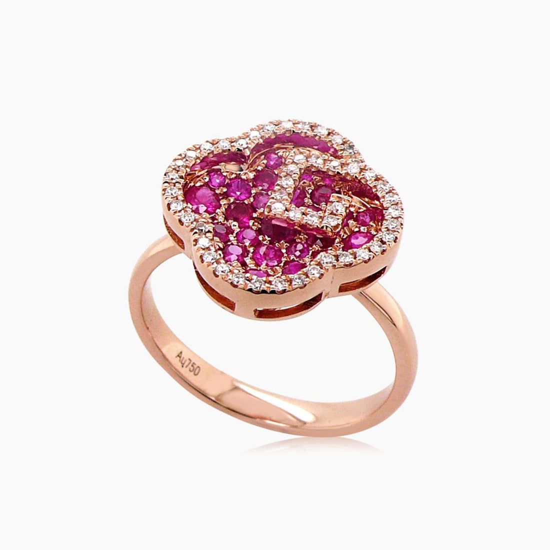 Ruby & Diamond 18K Rose Gold Floral Flower Clover Style Ring
