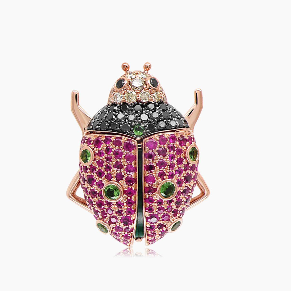 Ladybug Bug Pink Ruby & Black Diamond Pave & Green Gem 18K Rose Gold Insect Ring