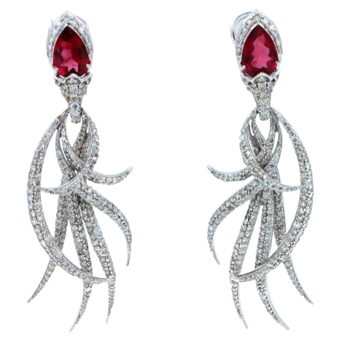 Red Pink Tourmaline Long Feather Diamond Drop 18k White Gold Earrings