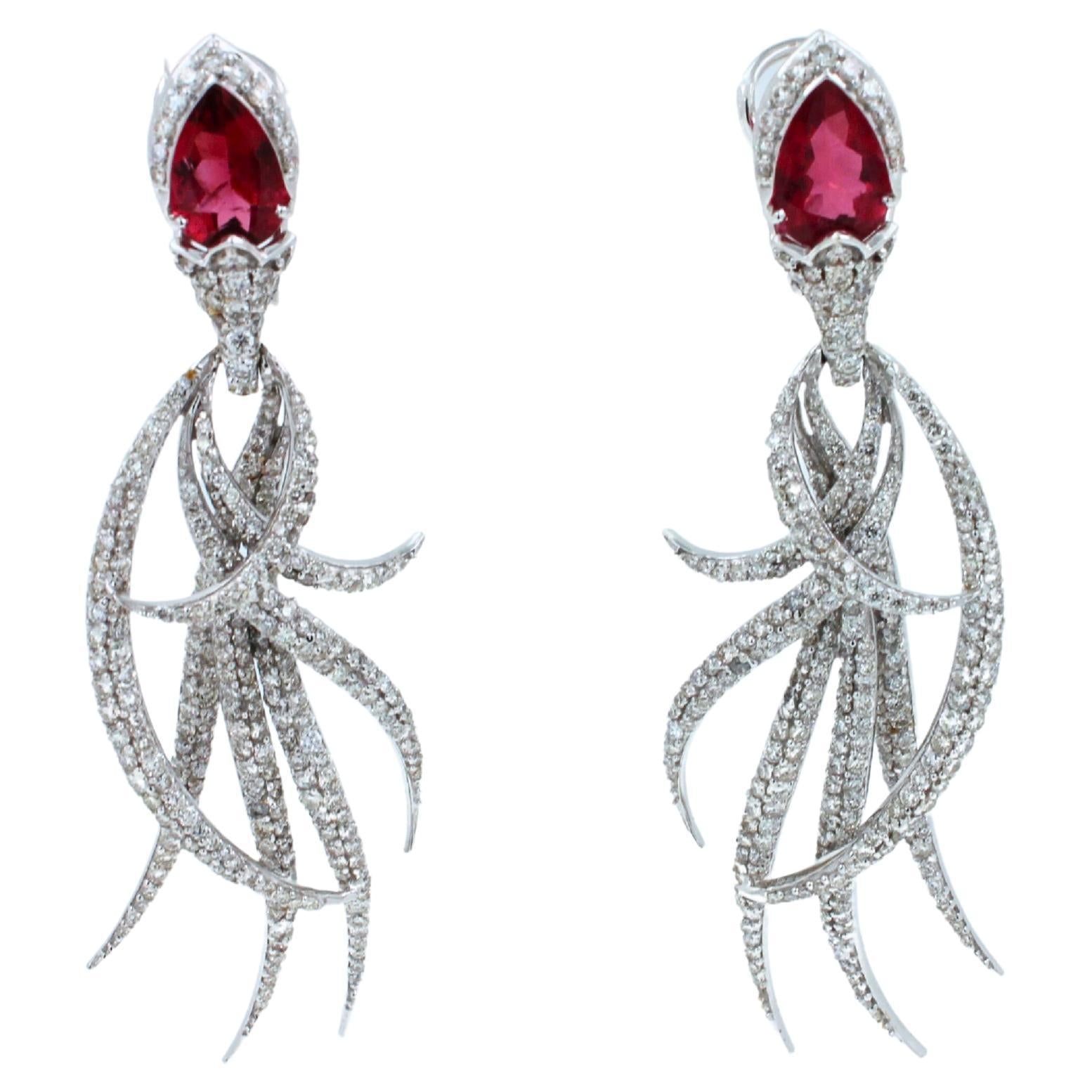 Red Pink Tourmaline Long Feather Diamond Drop 18k White Gold Earrings