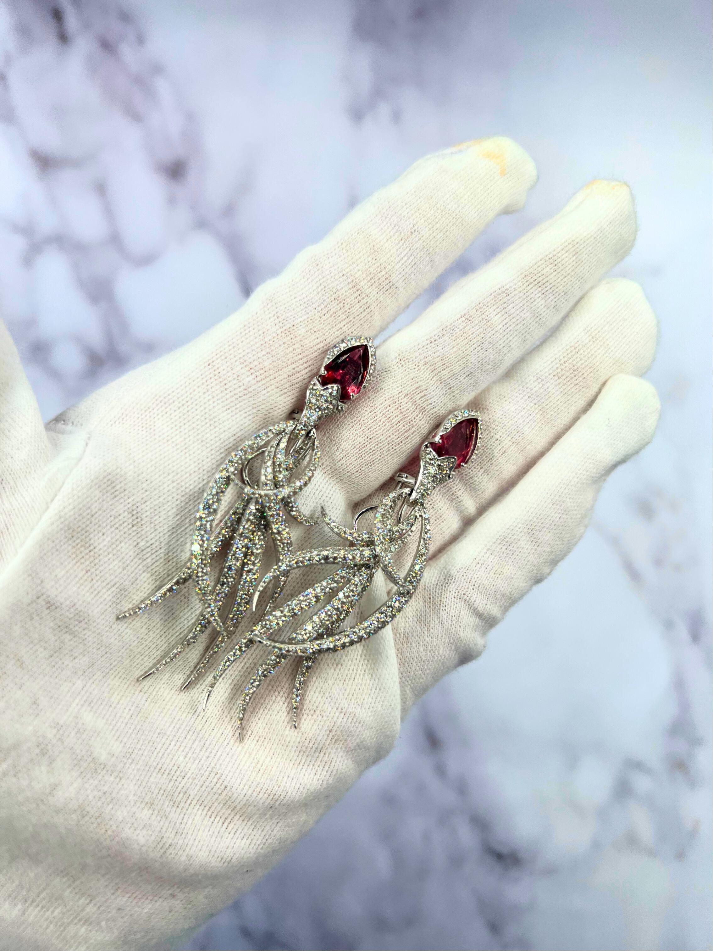 Red Pink Tourmaline Long Feather Diamond Drop 18k White Gold Earrings