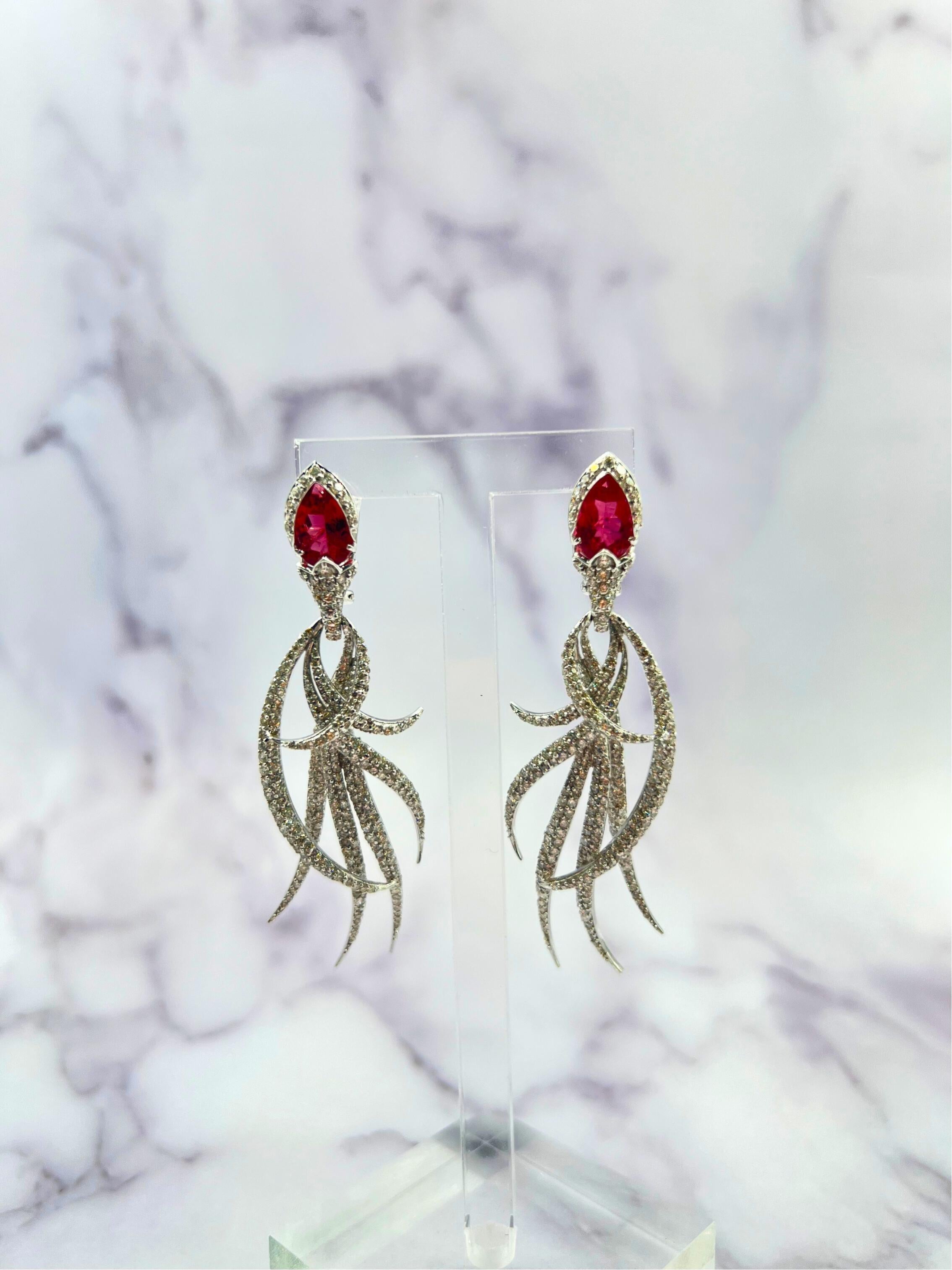 Red Pink Tourmaline Long Feather Diamond Drop 18k White Gold Earrings