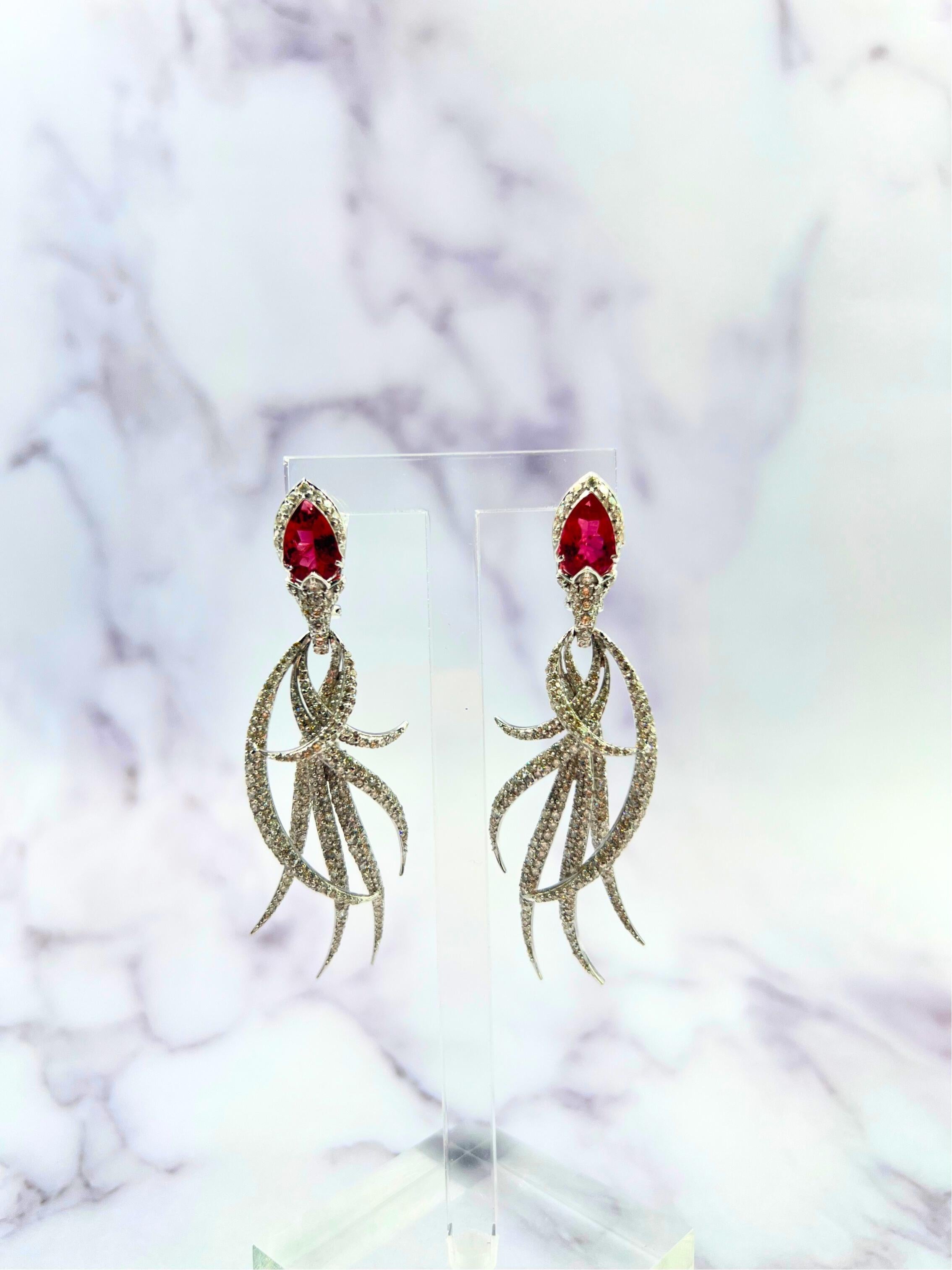 Red Pink Tourmaline Long Feather Diamond Drop 18k White Gold Earrings