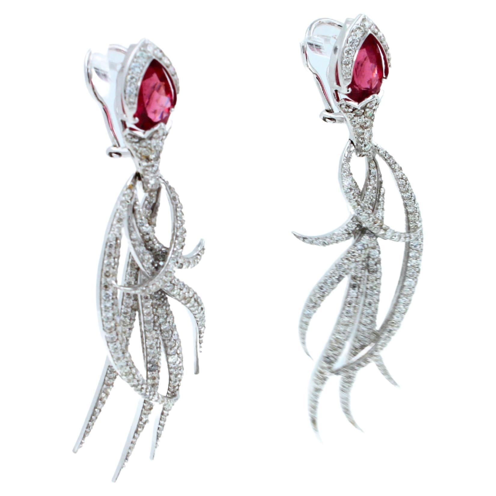 Red Pink Tourmaline Long Feather Diamond Drop 18k White Gold Earrings